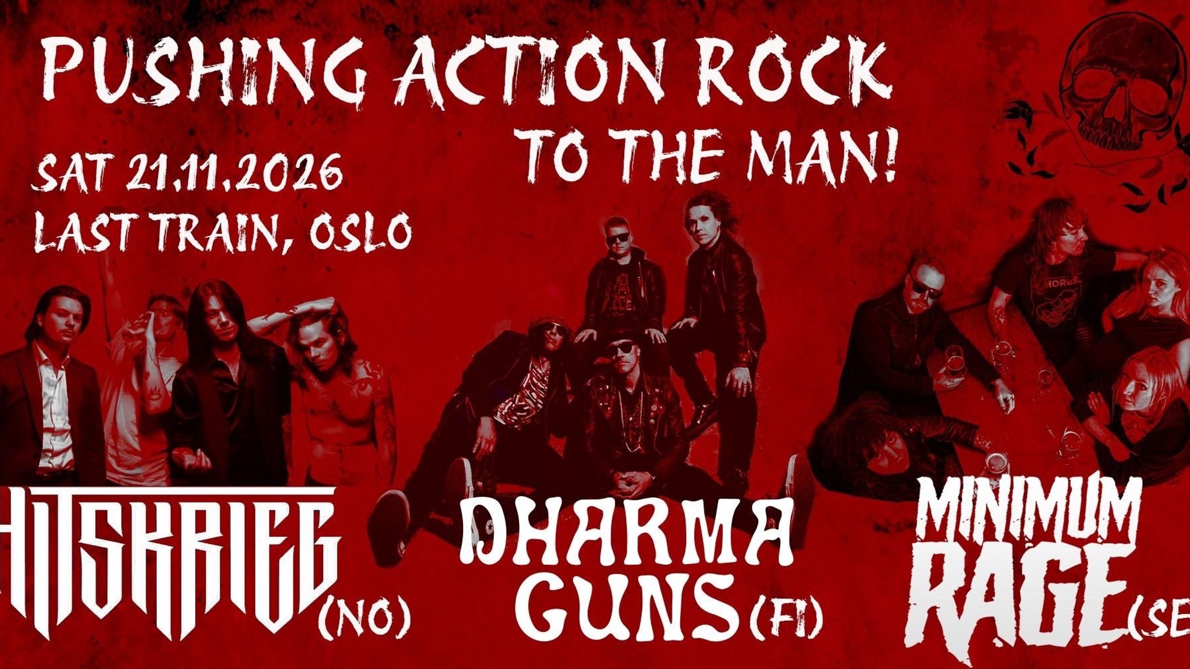 Promotional graphic for !! ACTION ROCK OVERLOAD !! Hitskrieg (NO) Dharma Guns (FI) Minimum Rage (SE)