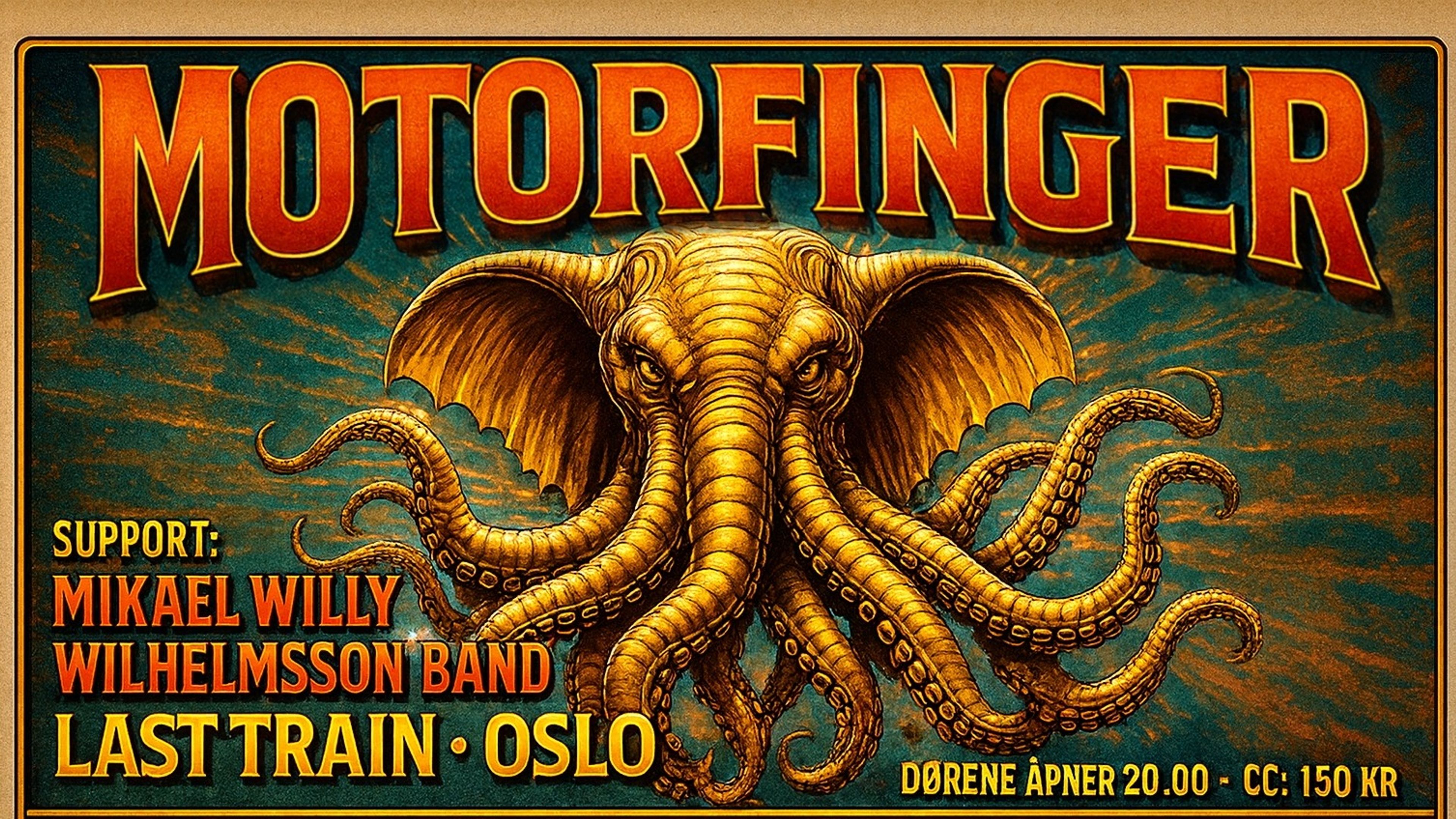Promotional graphic for Motorfinger supp Mikeal Willy Wilhelmsson band 