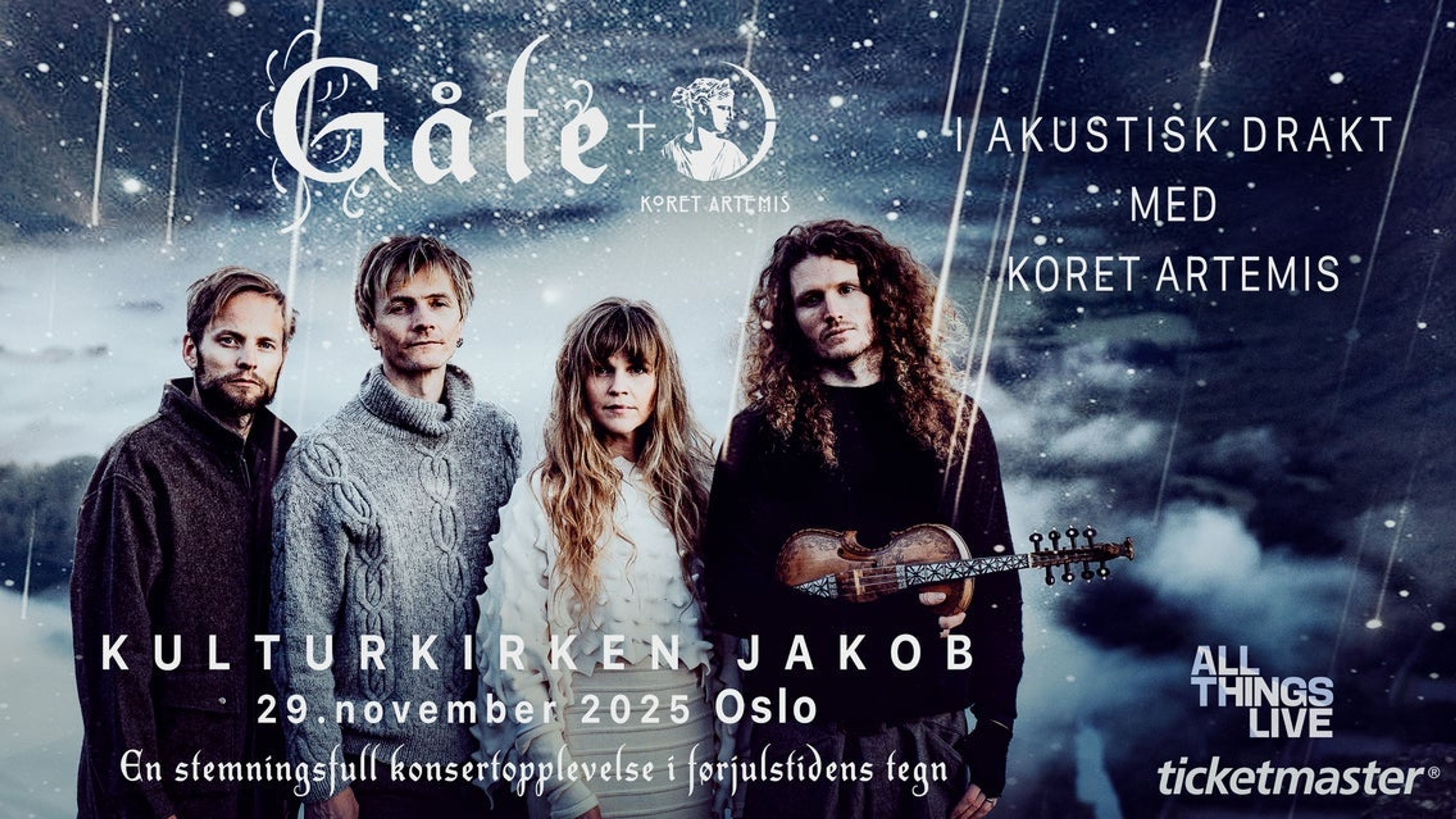 Promotional graphic for Gåte akustisk –en stemningsfull konsertopplevelse i førjulstidens tegn