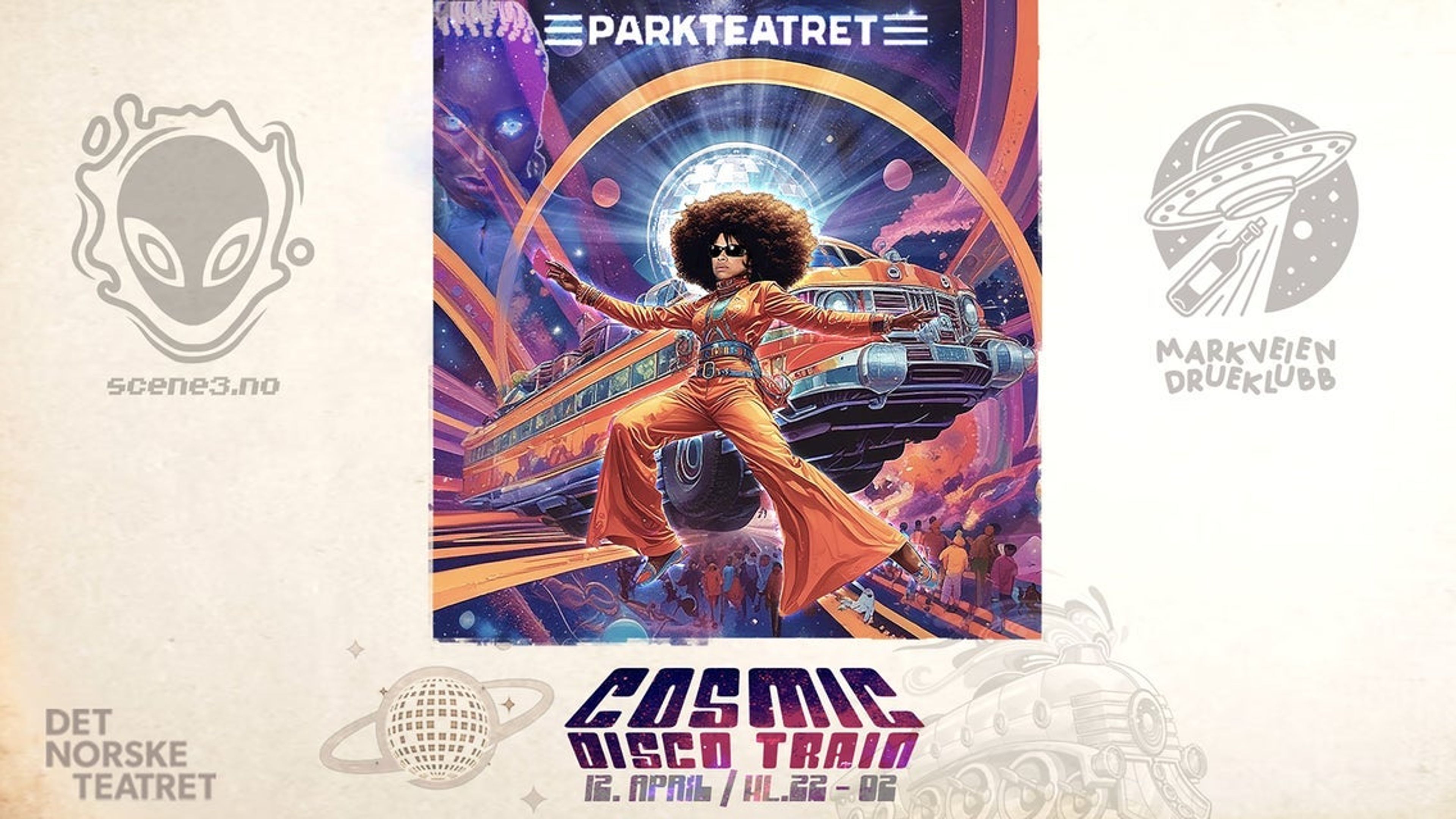 Promotional graphic for Scene3 x Markveien Drueklubb pres. COSMIC DISCO TRAIN