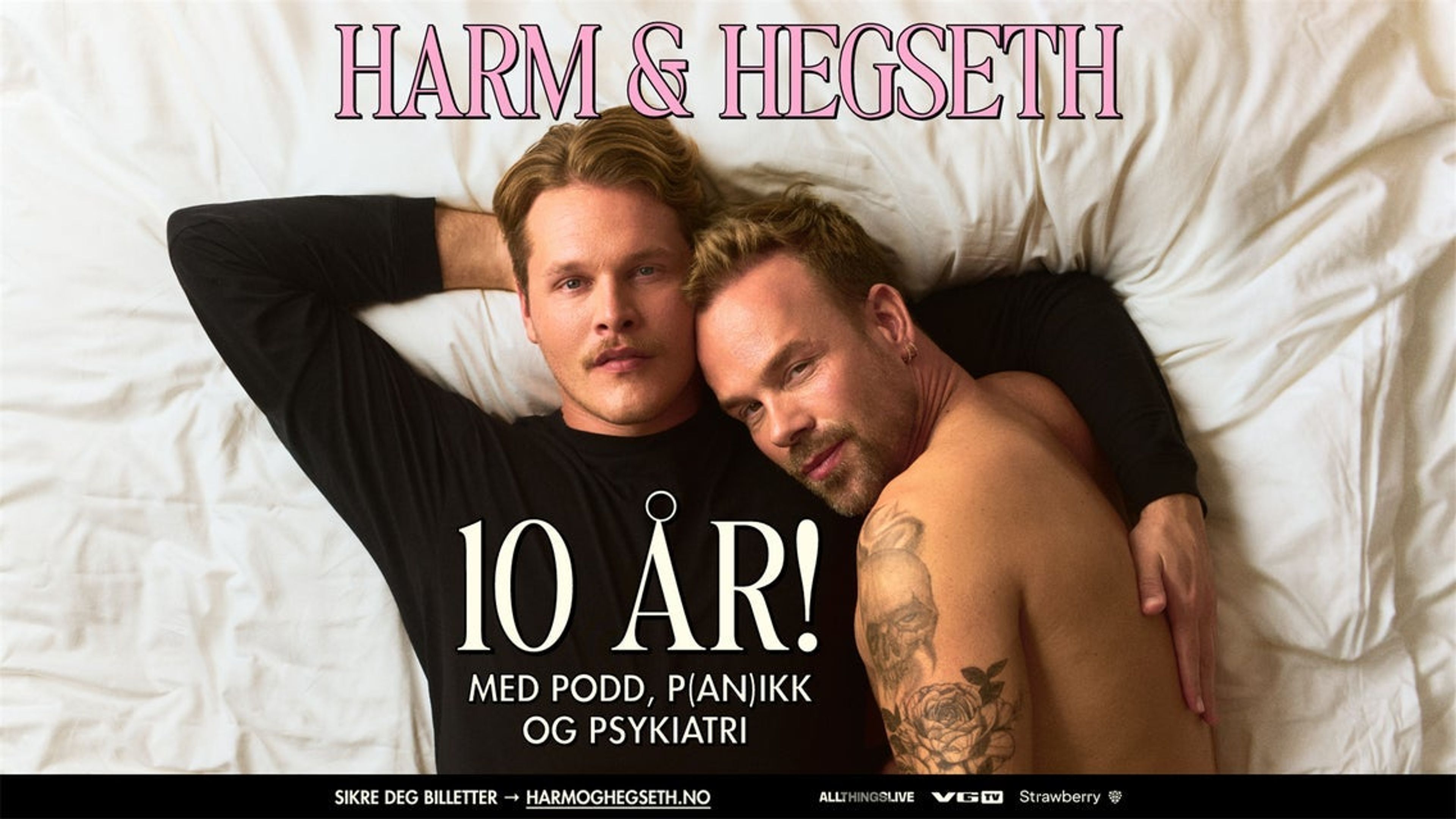 Promotiv grafikk for Harm & Hegseth - 10 år mes podd, p(an)ikk og psykiatri