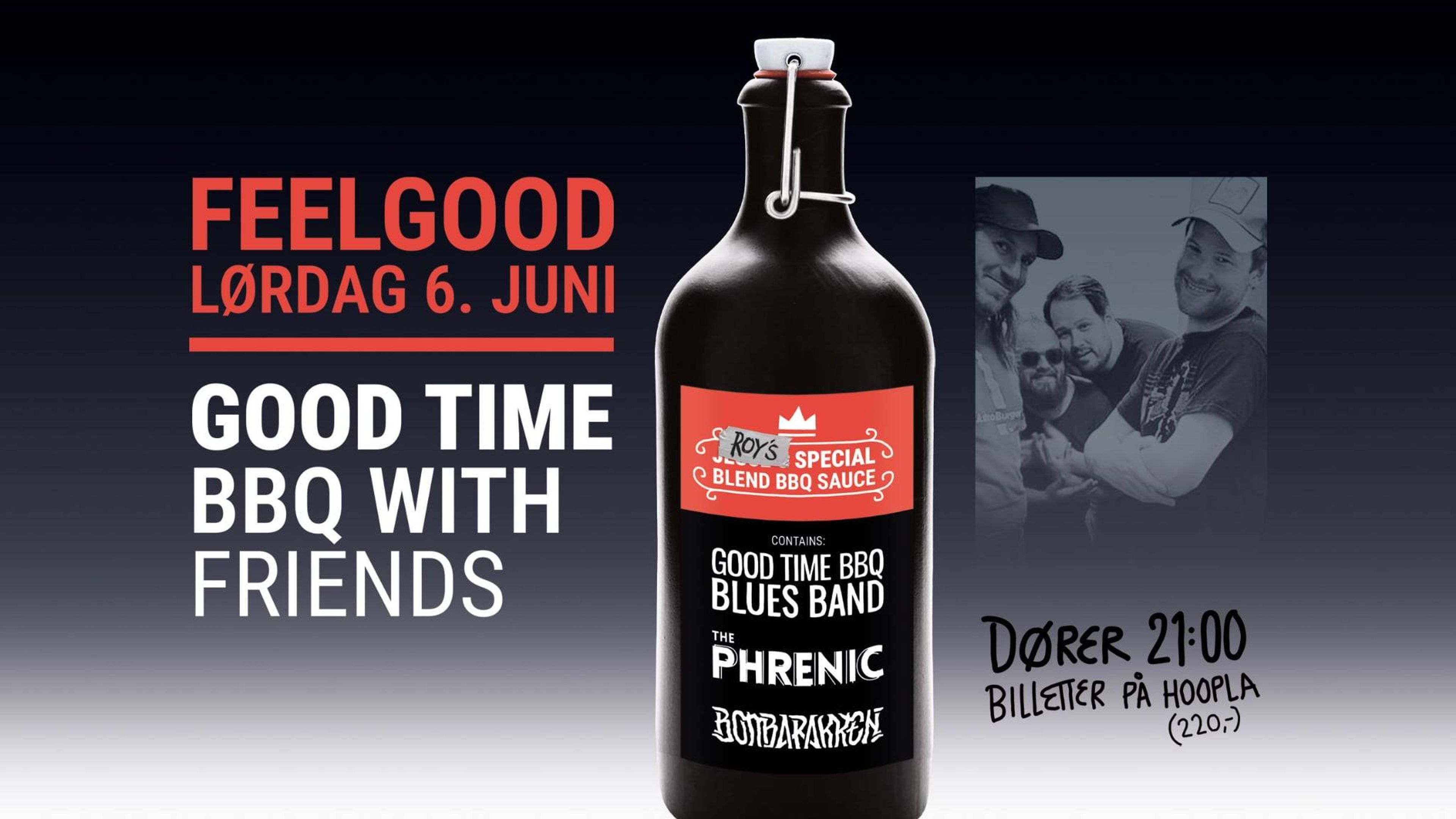 Promotional graphic for Good Time BBQ Blues Band/Bombarakken/The Phrenic