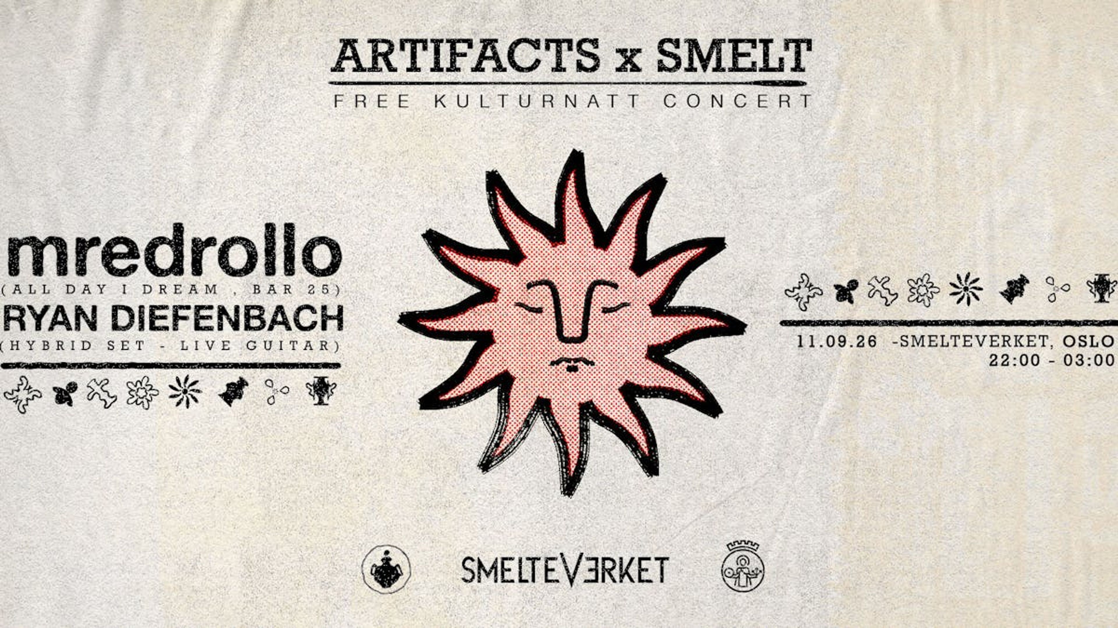 Promotiv grafikk for Oslo kulturnatt I Artifacts x Smelt pres. mrderollo & Ryan Diefenbach