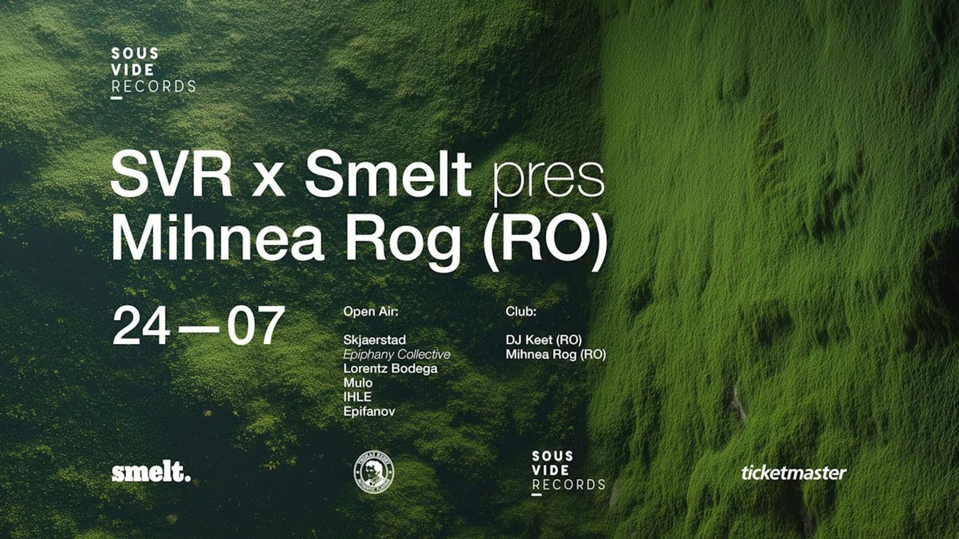 Promotiv grafikk for SVR x Smelt pres. Mihnea Rog (RO) 24.07 — Open Air + Club