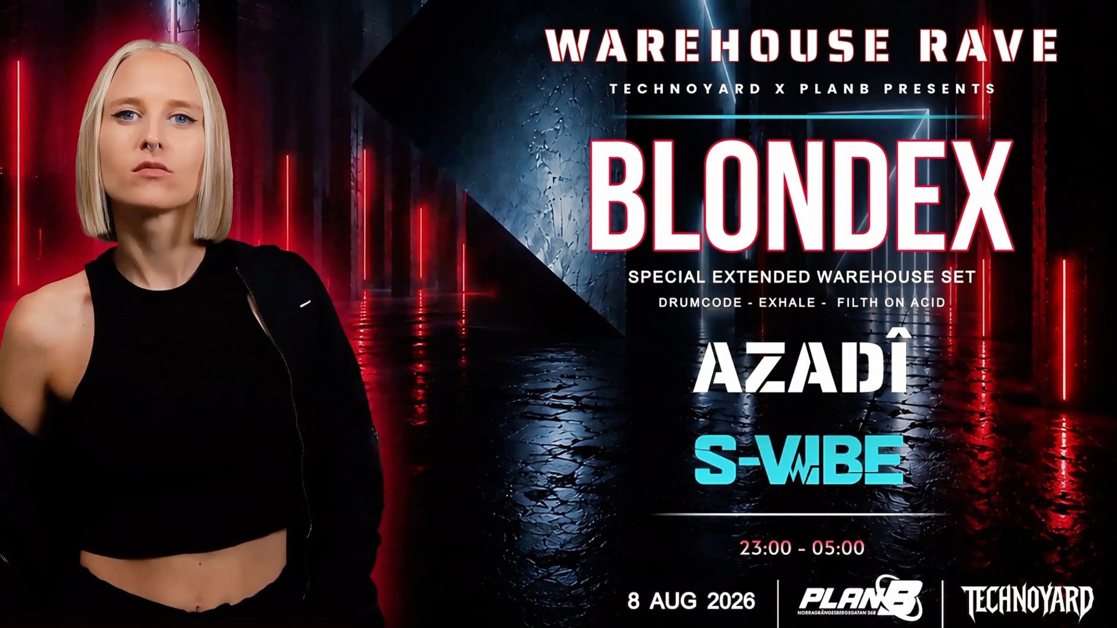Promotional graphic for Warehouse Rave: Blondex
