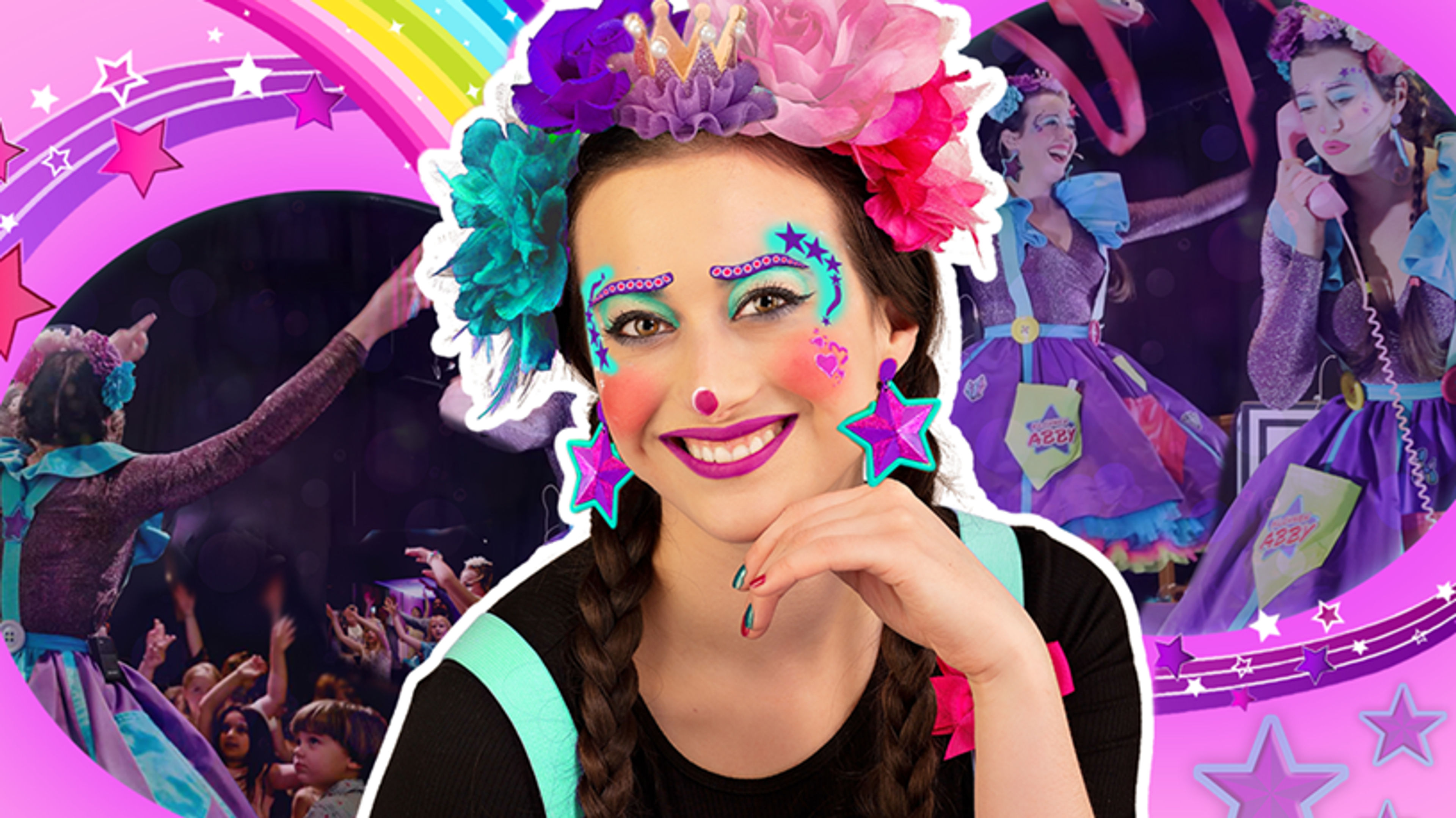 Promotional graphic for Abby Show "En klovneprinsesse med stjerner på"