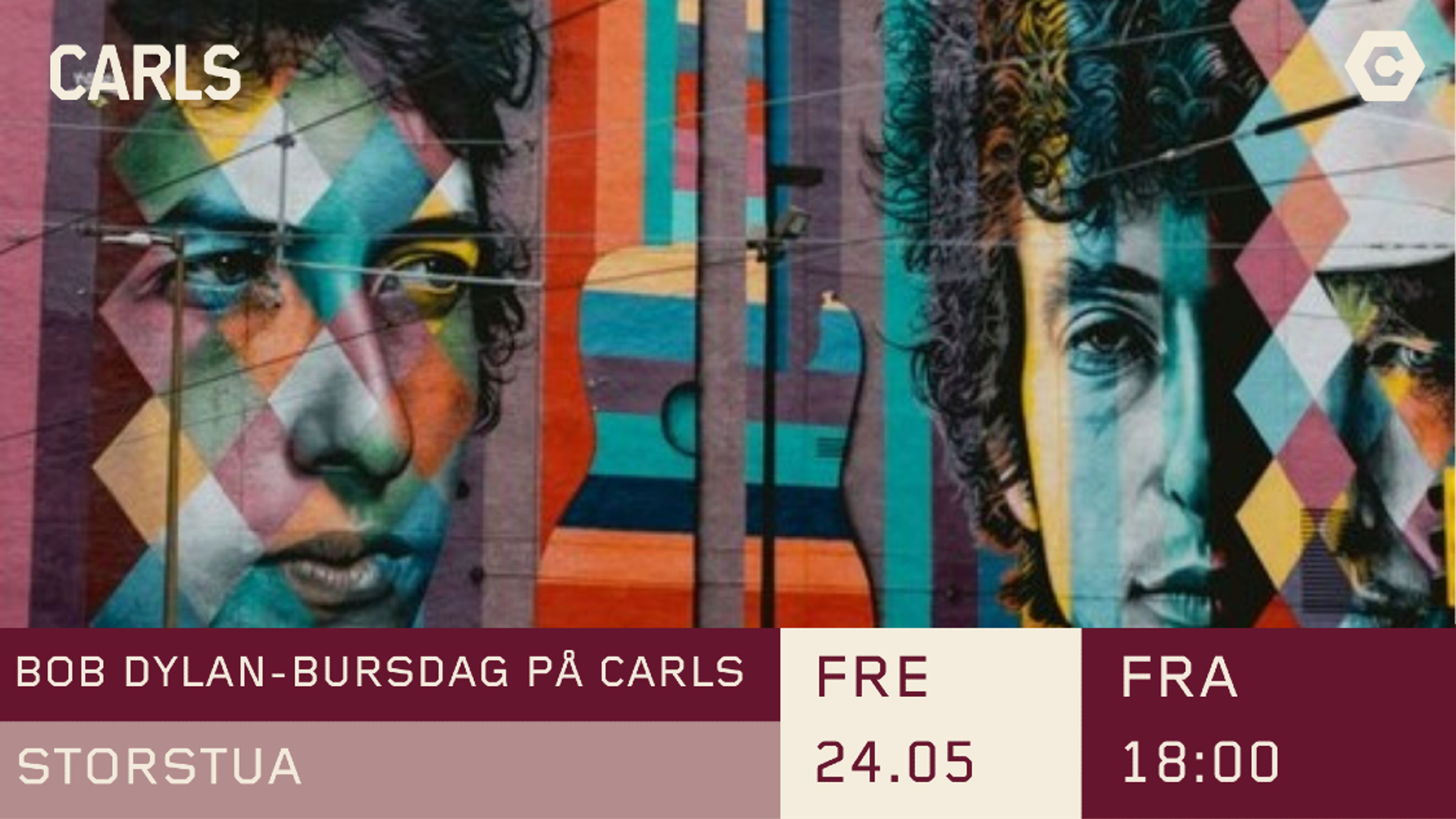 Promotional graphic for Bob Dylan-bursdag på Carls