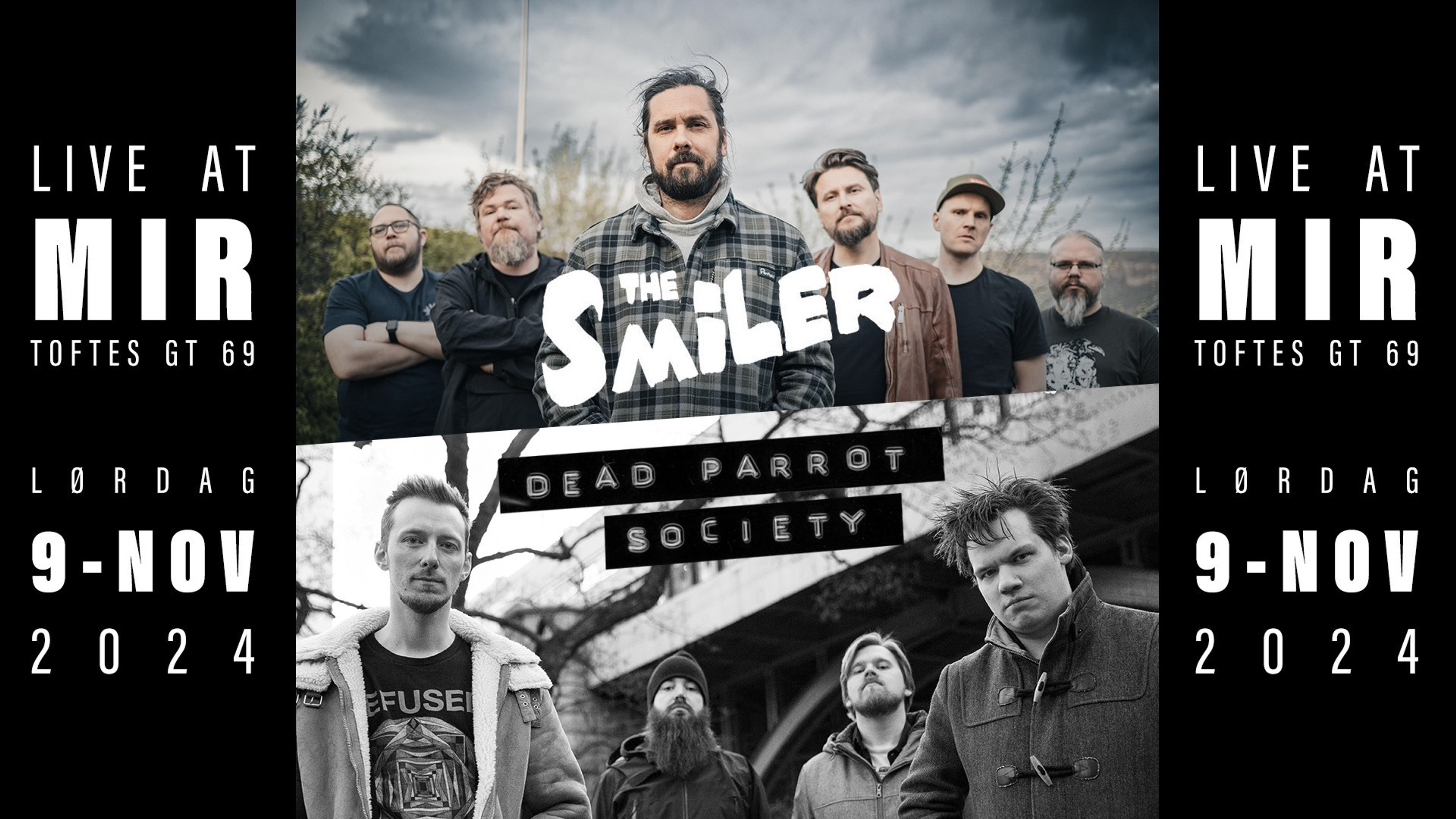 Promotional graphic for The Smiler + Dead Parrot Society LIVE @ MIR