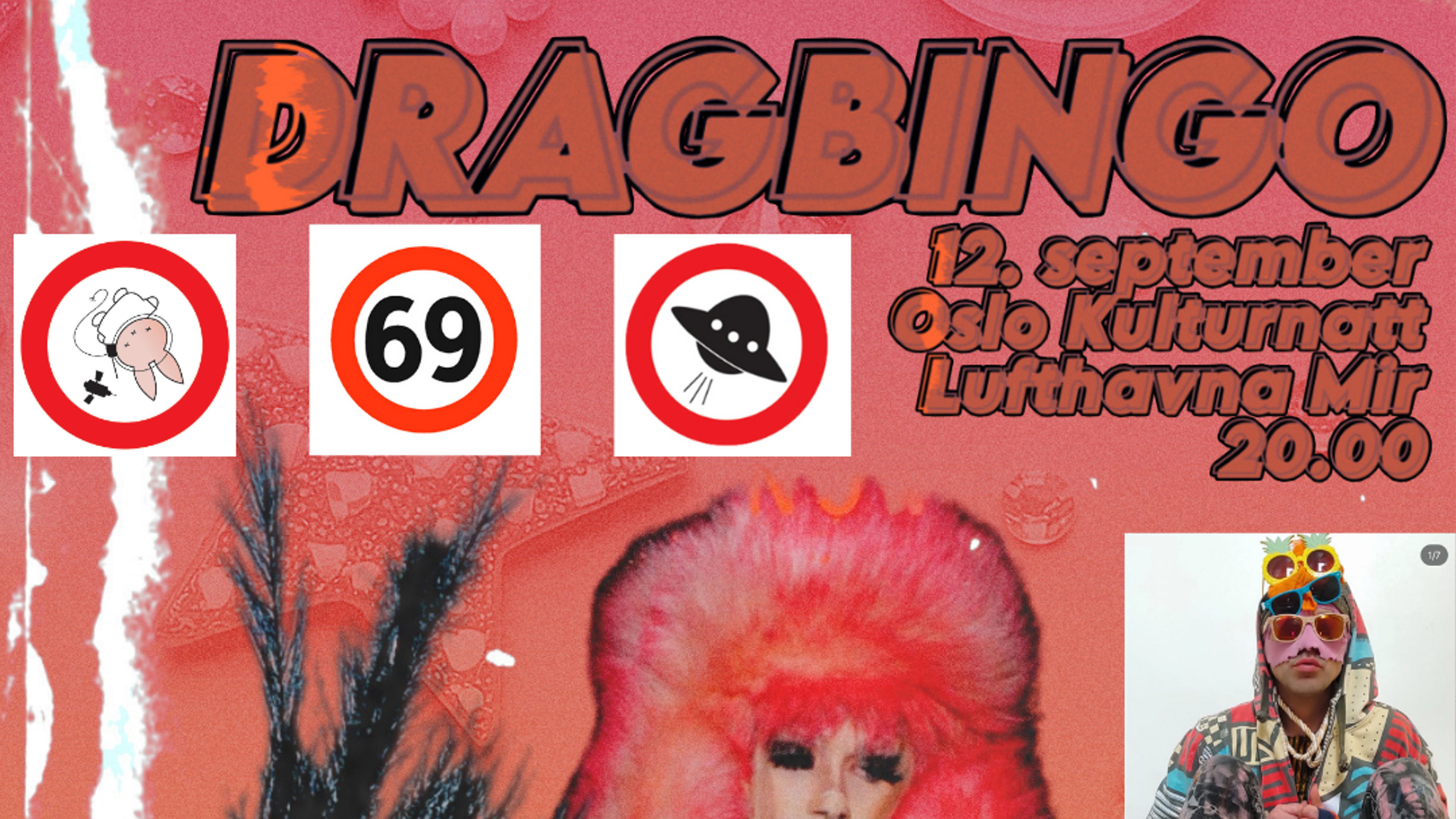 Promotional graphic for DRAG BINGO + DJ WhOreMore // Oslo Kulturnatt // MIR // Lufthavna