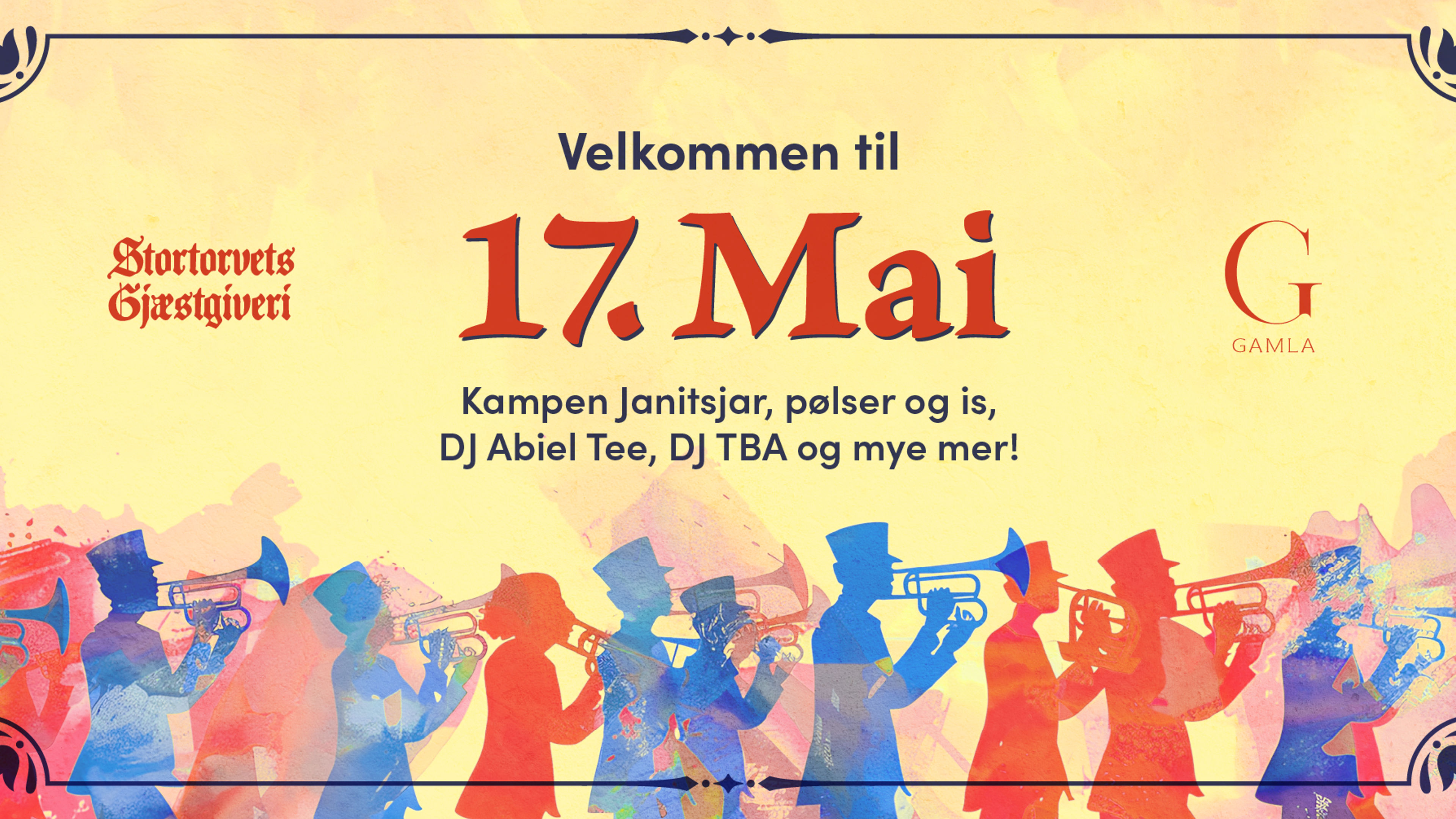 Promotional graphic for 17. mai på Stortorvet & Gamla- feiring fra dag til natt!