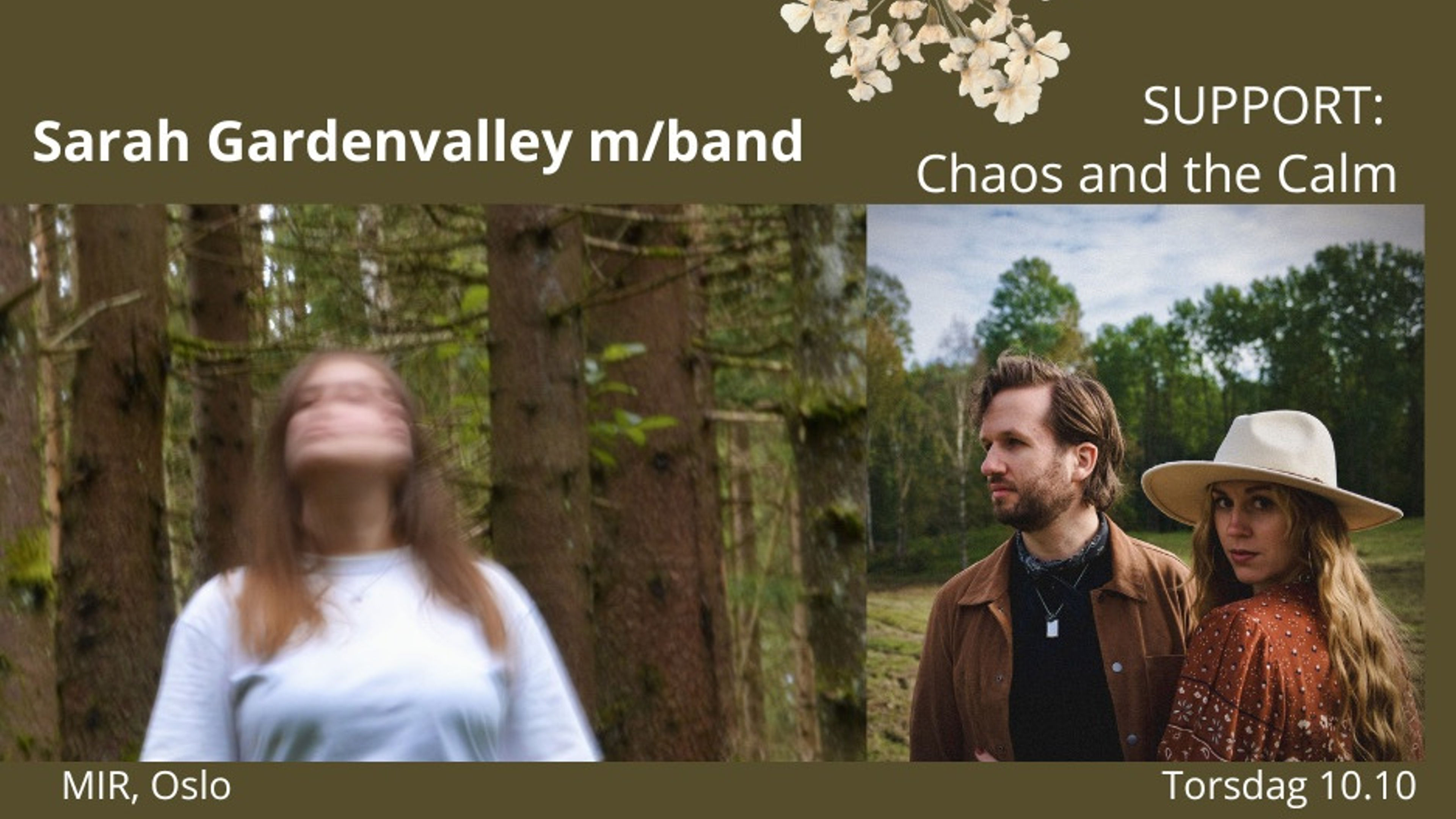 Promotional graphic for Sarah Gardenvalley med band + supp: Chaos and the Calm