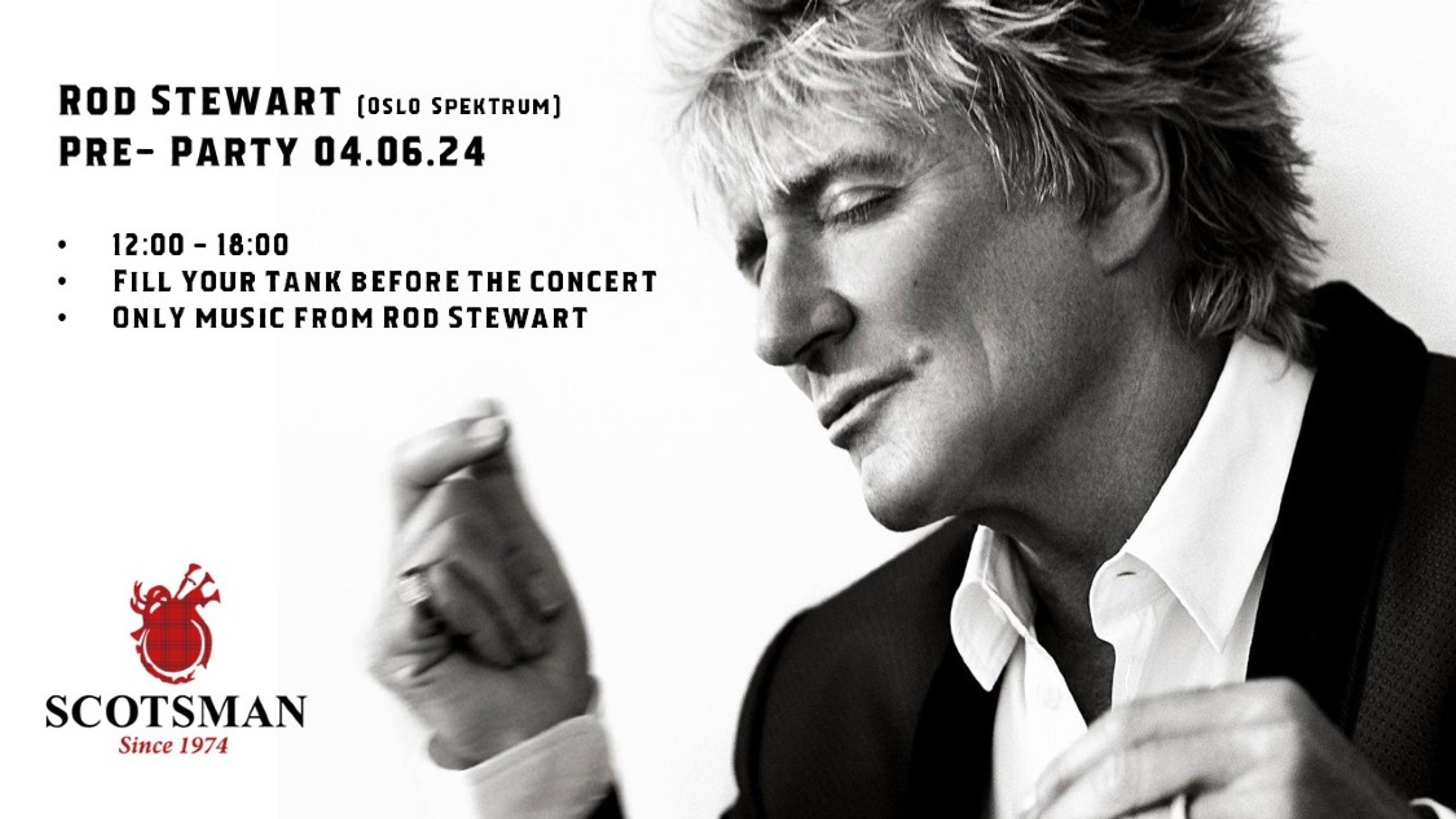 Promotional graphic for Rod Stewart Pre-Party