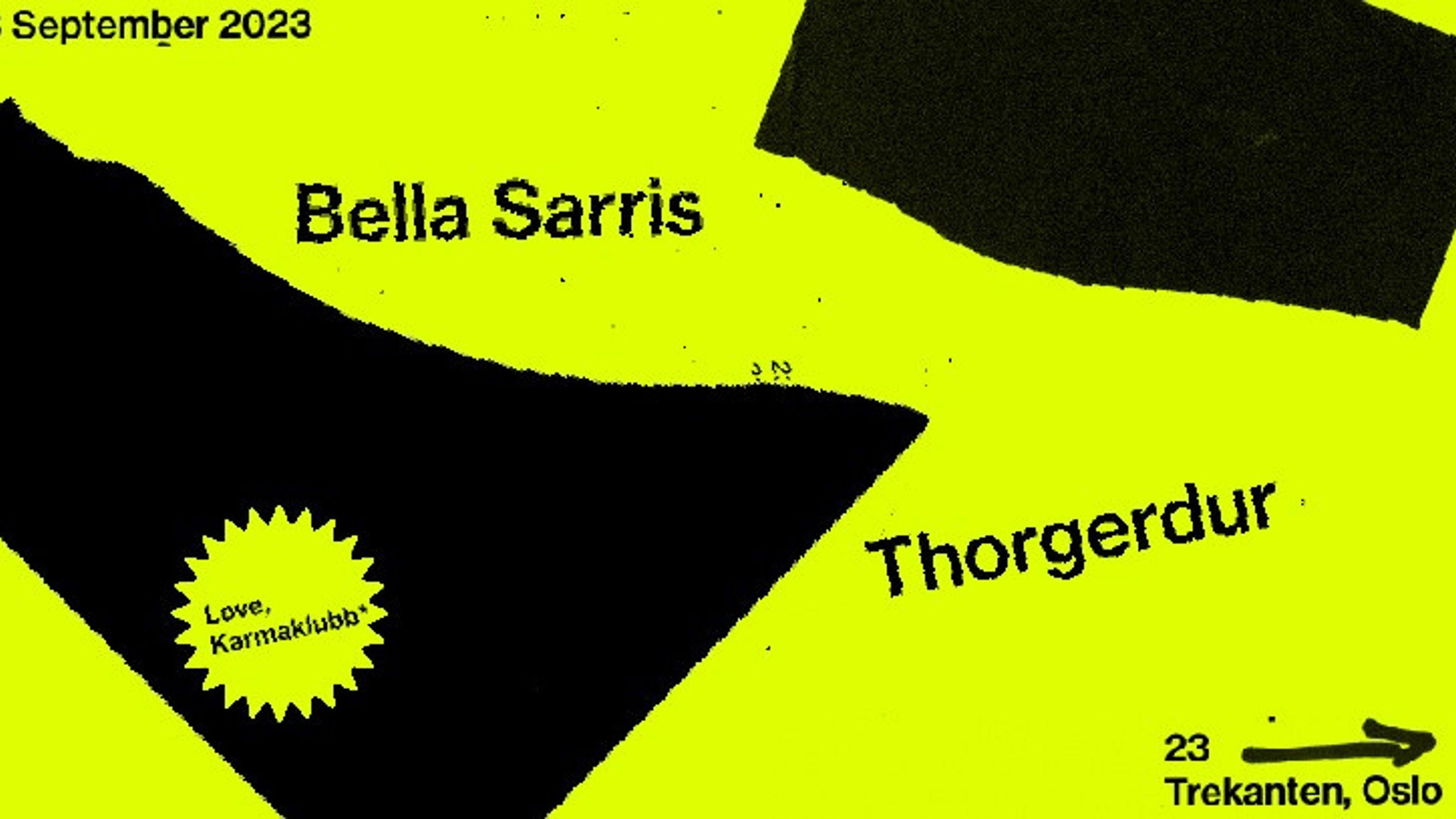 Promotional graphic for Karmaklubb* & Friends: Bella Sarris & Thorgerdur — solo & B2B ❤