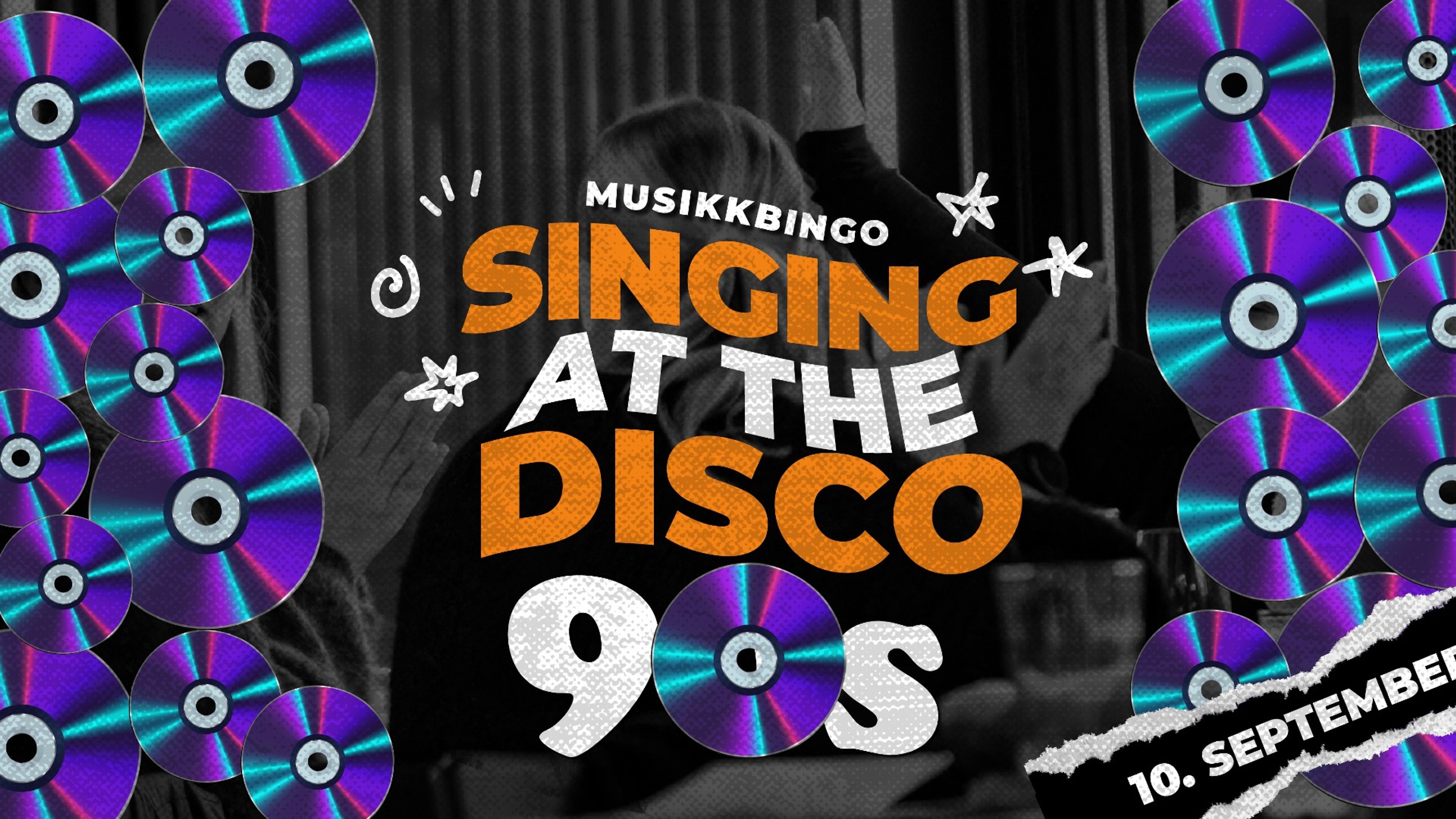 Promotional graphic for Musikkbingo med "Singing at the disco" | 90s