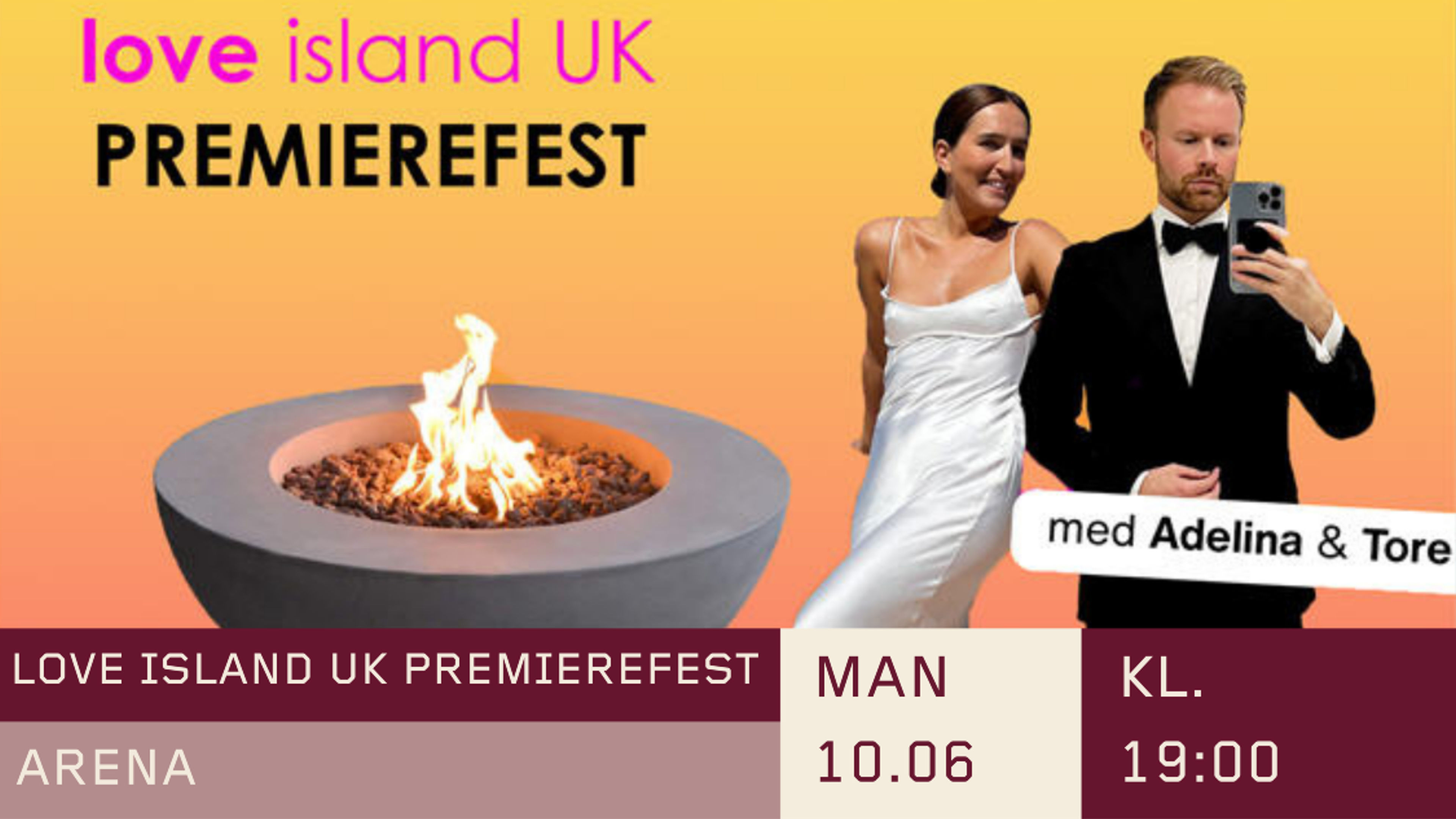 Promotional graphic for Love Island UK Premierefest med Adelina og Tore