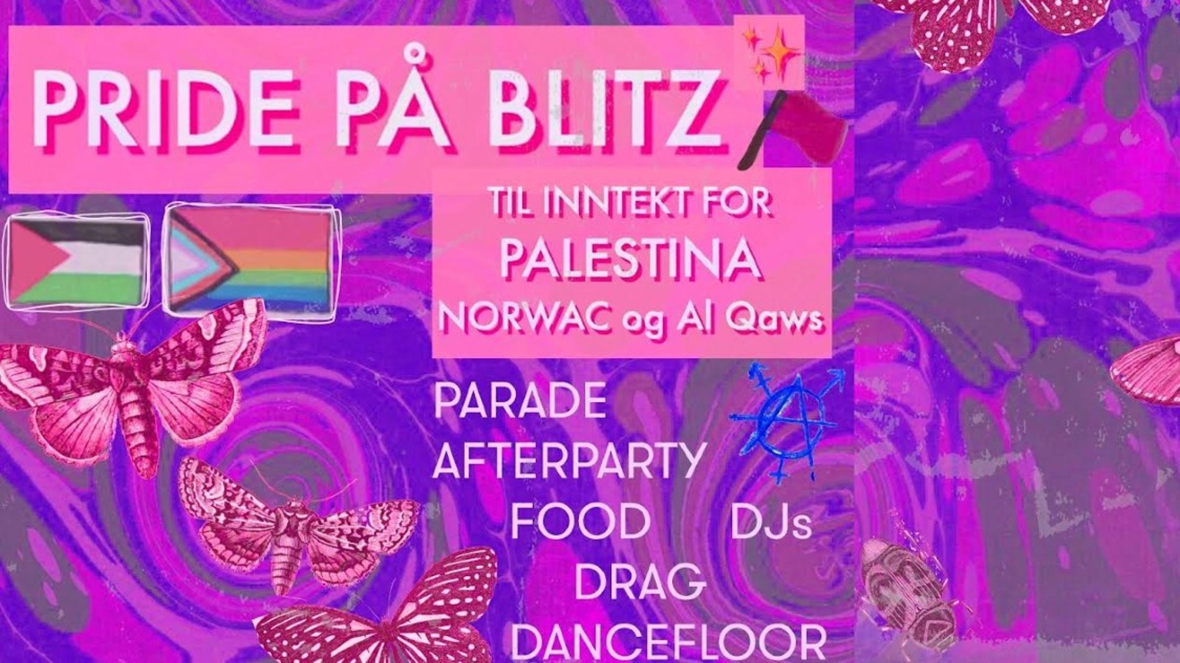 Promotional graphic for BLITZ & QCC PRIDE PARTY - til inntekt for NORWAC og alQaws