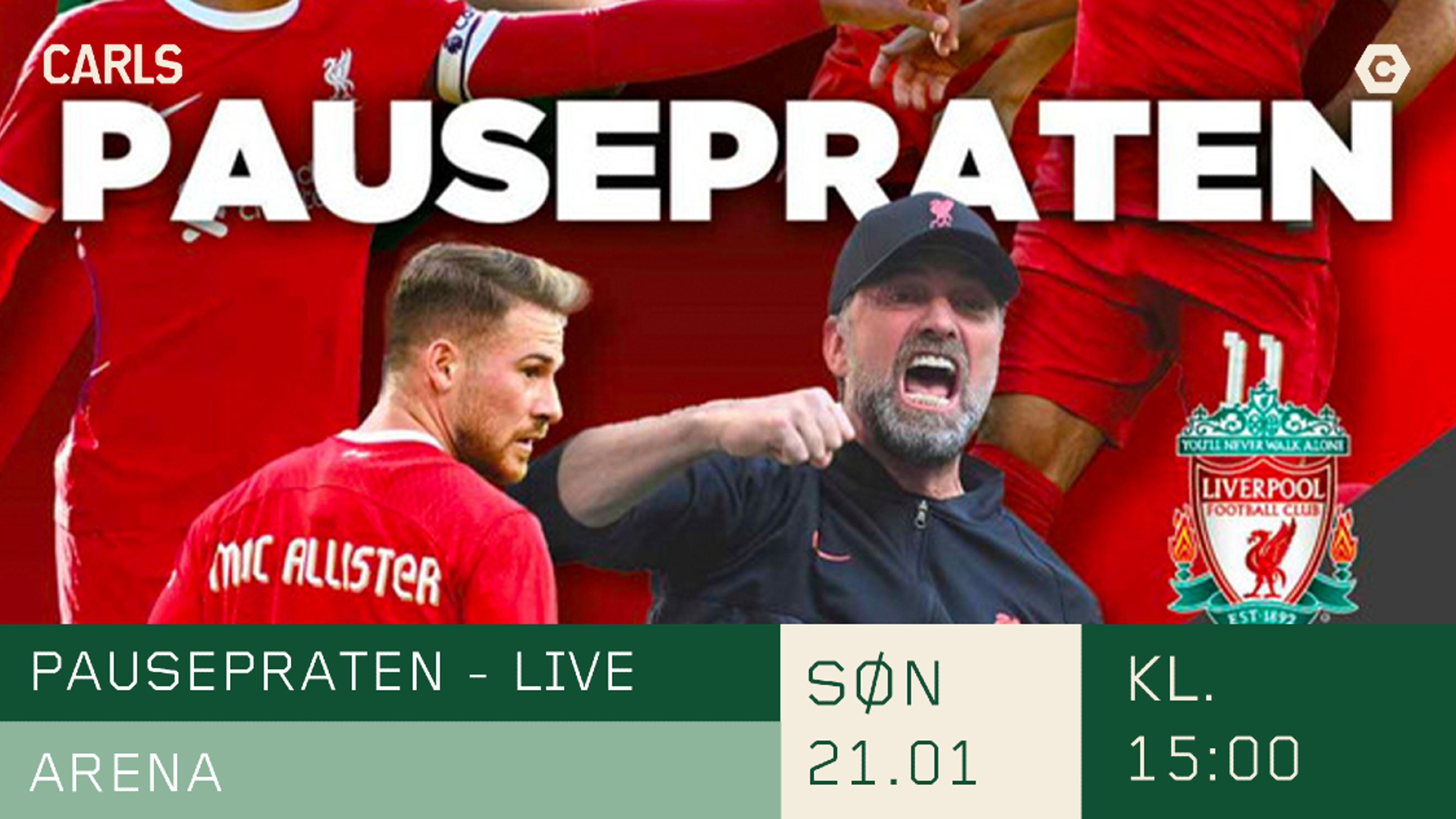 Promotional graphic for Pausepraten - live på Carls