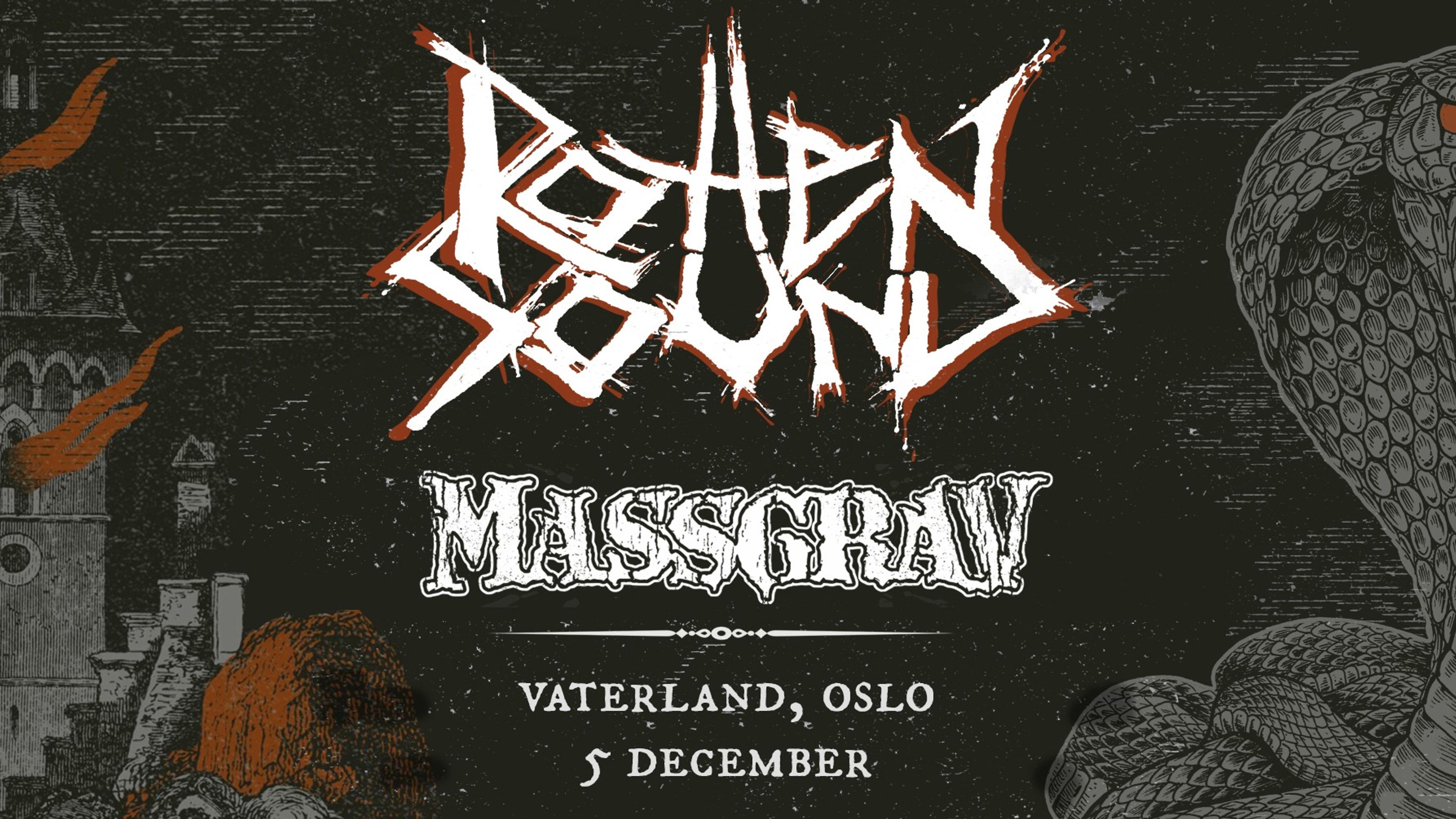 Promotional graphic for Rotten Sound (FI) + Massgrav (SE)