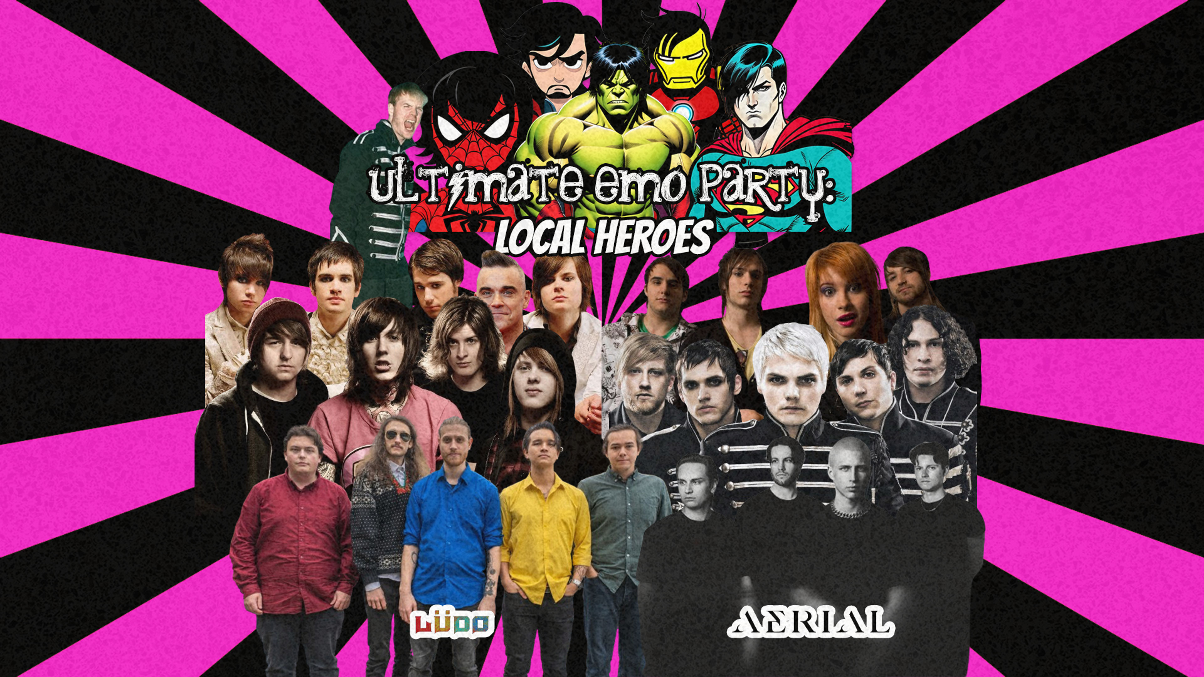 Promotional graphic for Ultimate Emo Party: Local Heroes + Aerial & LÜDO
