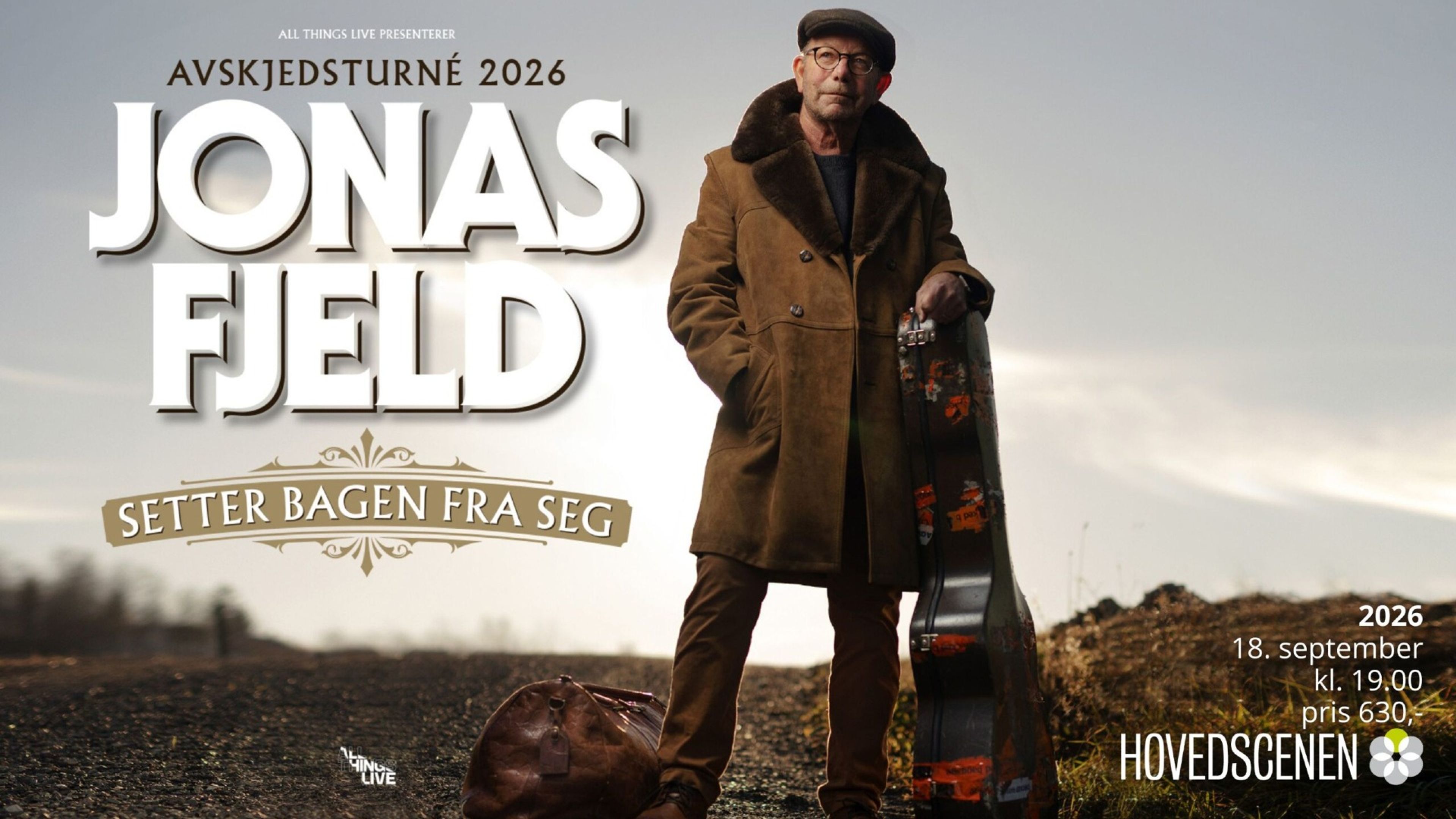 Promotional graphic for Jonas Fjeld setter bagen fra seg – Avskjedsturne