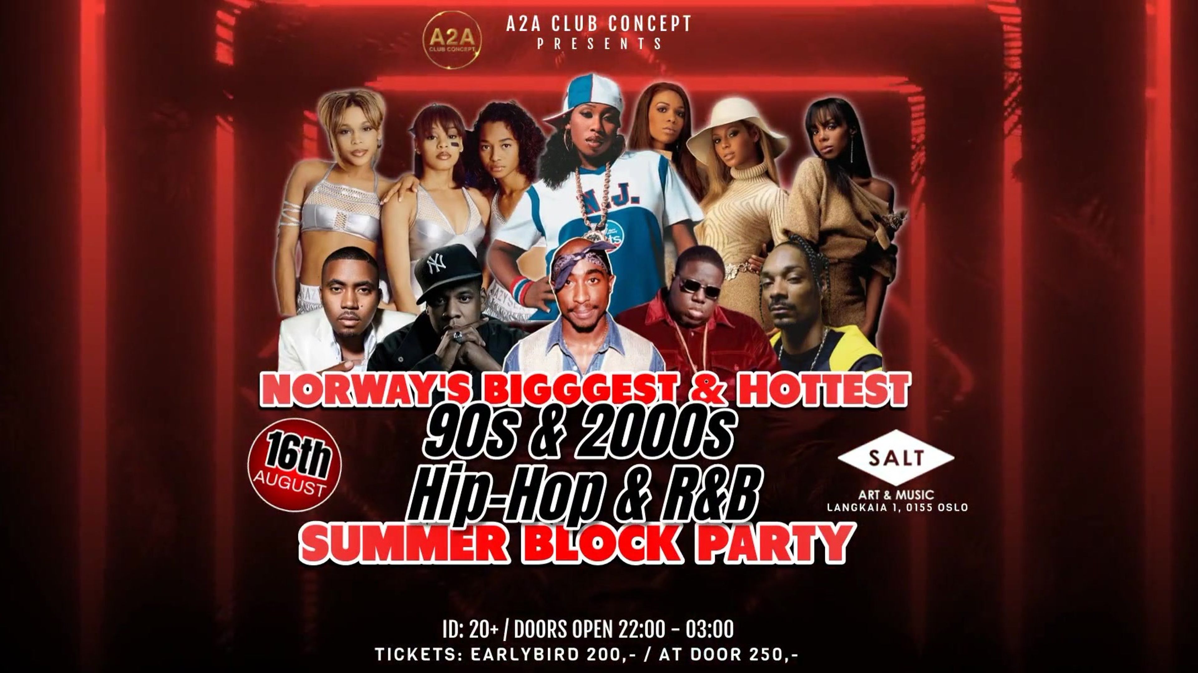Promotional graphic for 🎉 Norway's BIGGEST and HOTTEST 90s & 2000s Hip-Hop & R&B Summer Block Party 🎉