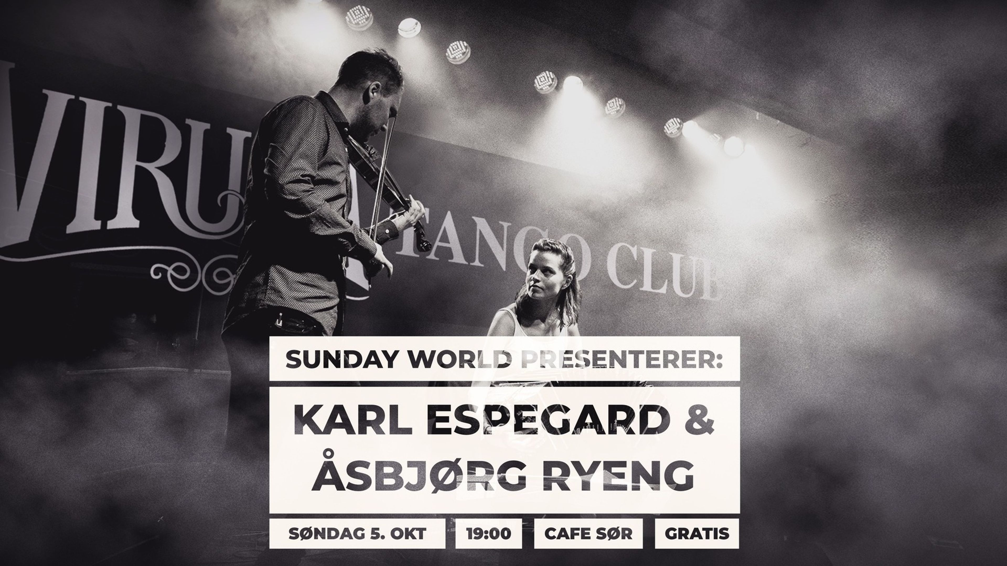 Promotional graphic for Sunday World Presenterer: Karl Espegard & Åsbjørg Ryeng