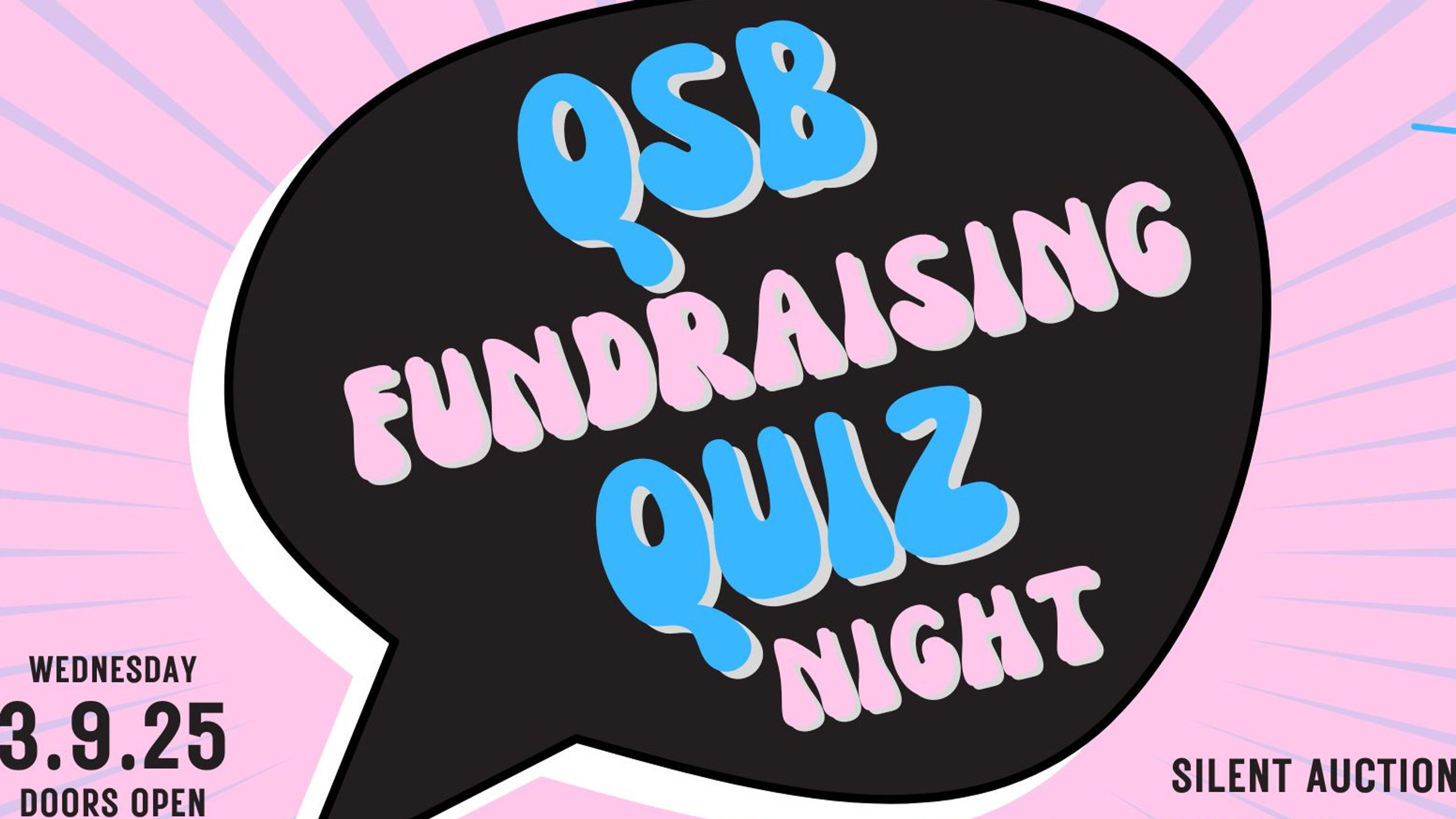 Promotional graphic for QSB- Fundraising m Loppemarked, Quiz + DJ Ida Søndrol 