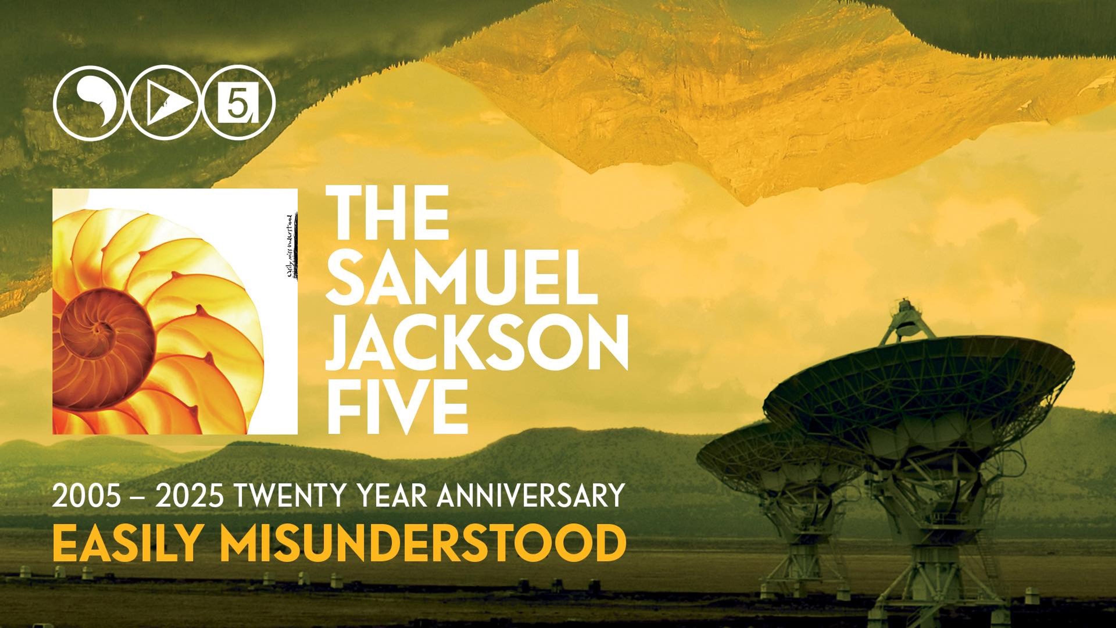 Promotional graphic for The Samuel Jackson Five - Easily Misunderstood 20th anniversary