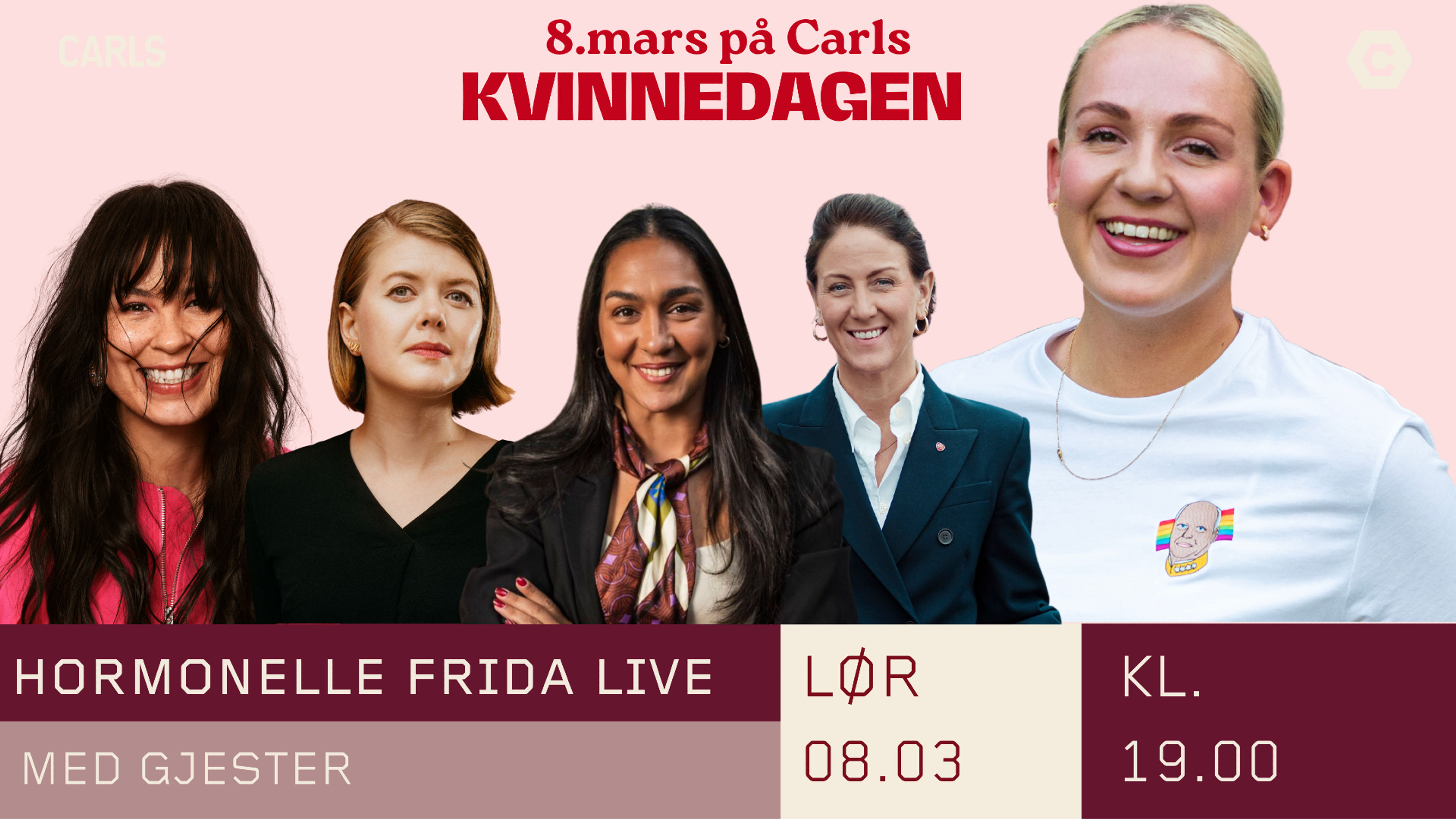 Promotional graphic for Hormonelle Frida Live med gjester på kvinnedagen 