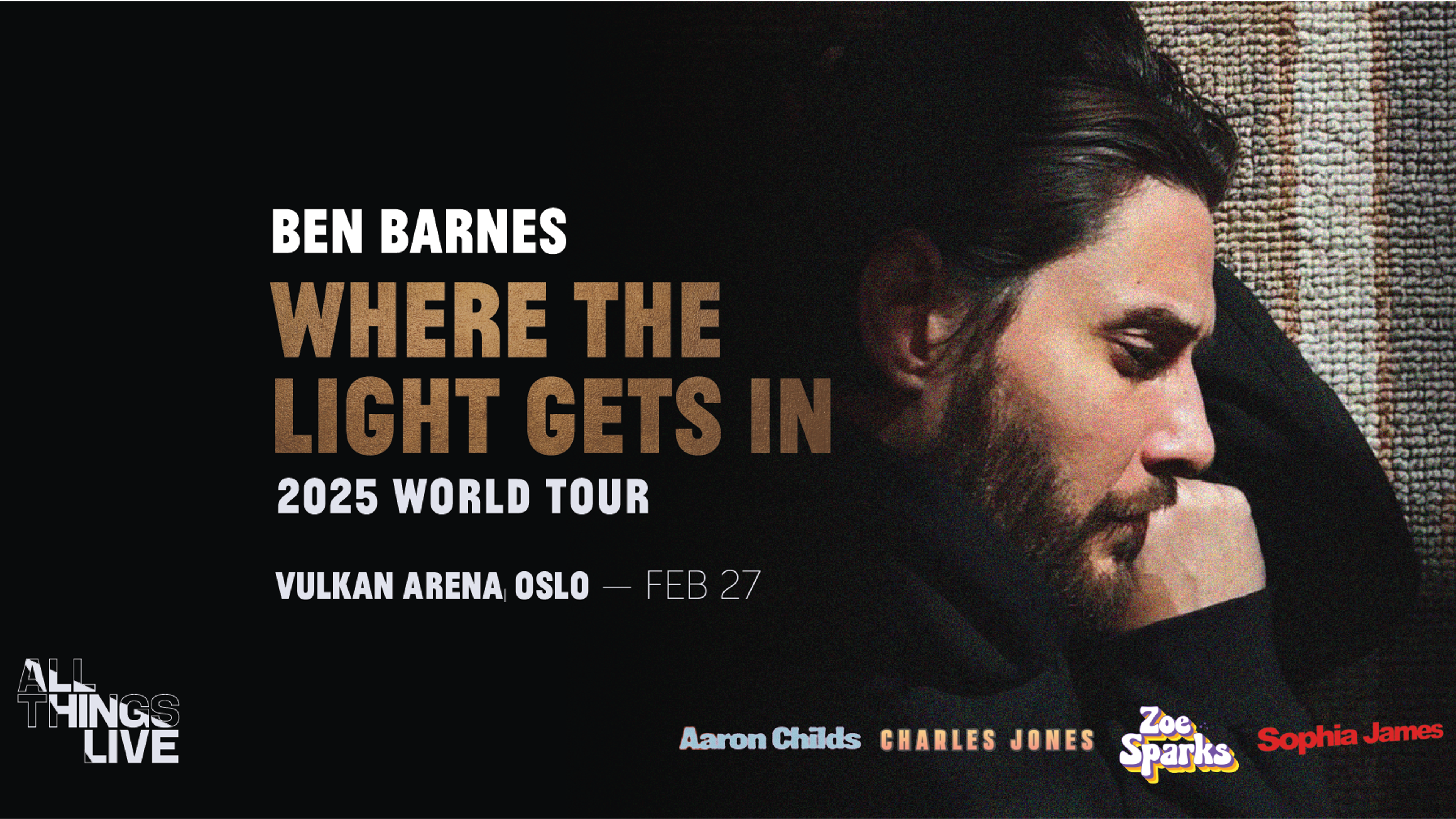 Promotional graphic for Ben Barnes "Where the Light Gets In" Tour