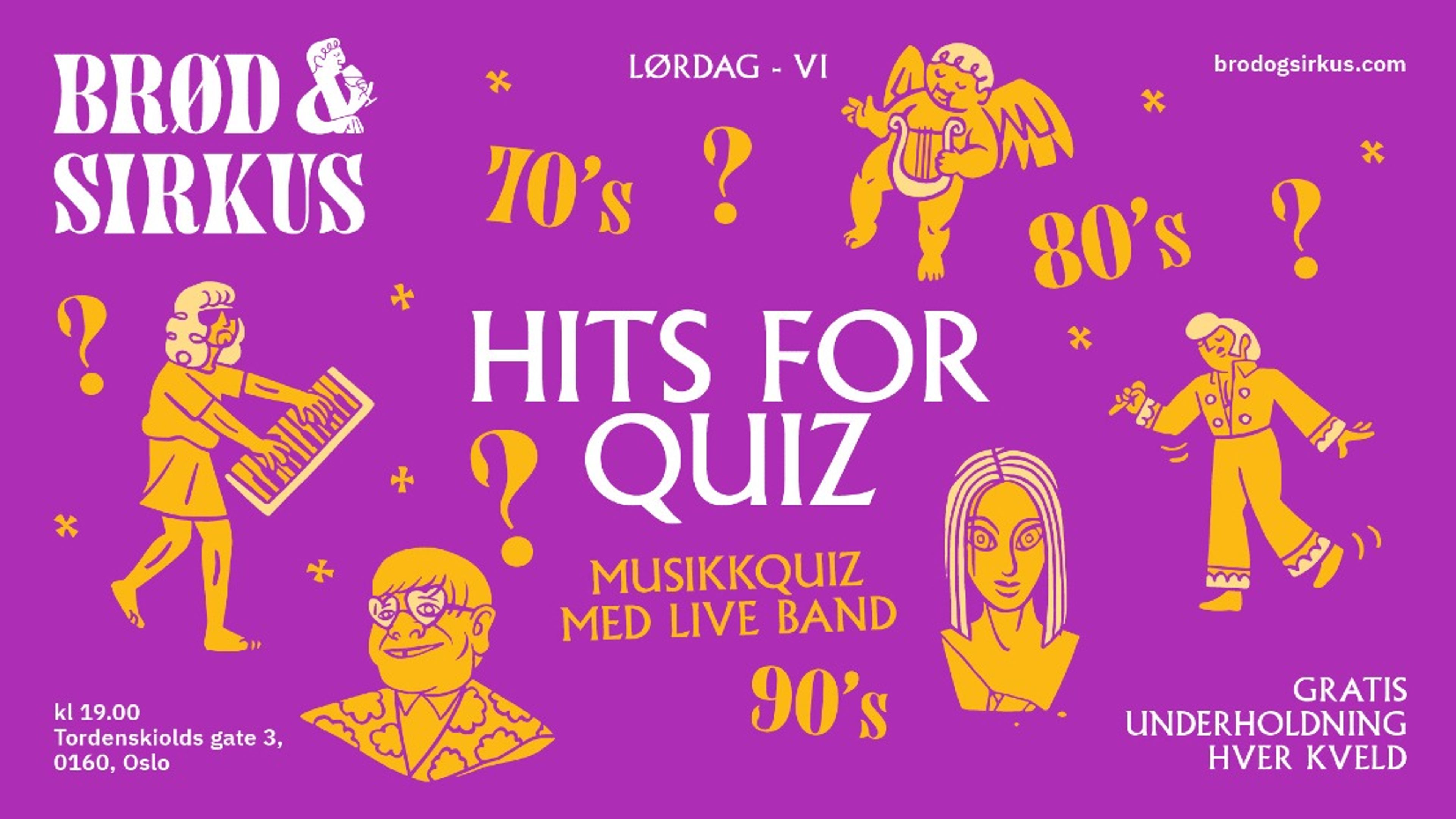 Promotional graphic for Hits for Quiz - Musikkquiz med Liveband!