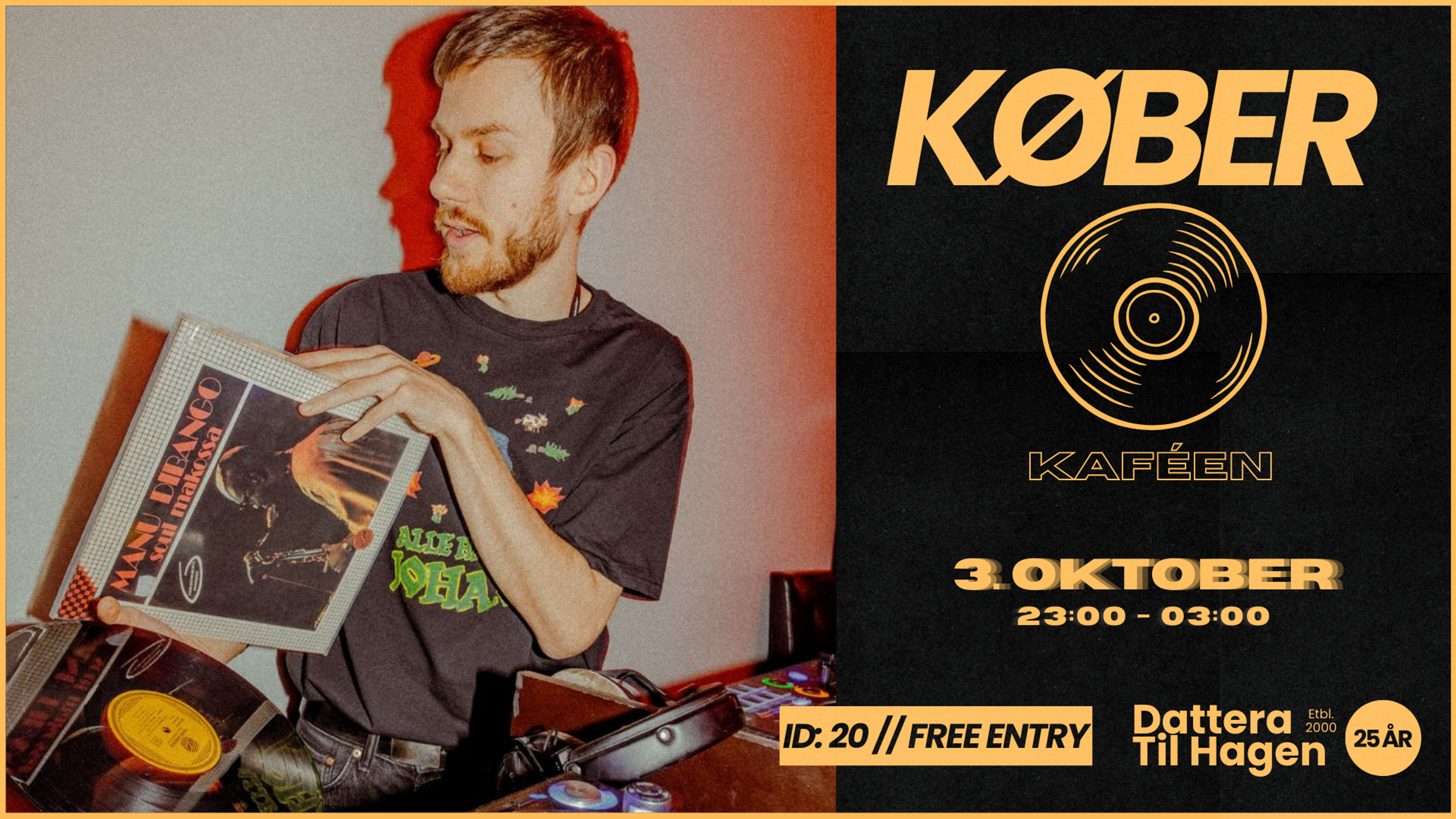 Promotional graphic for KØBER i kaféen!