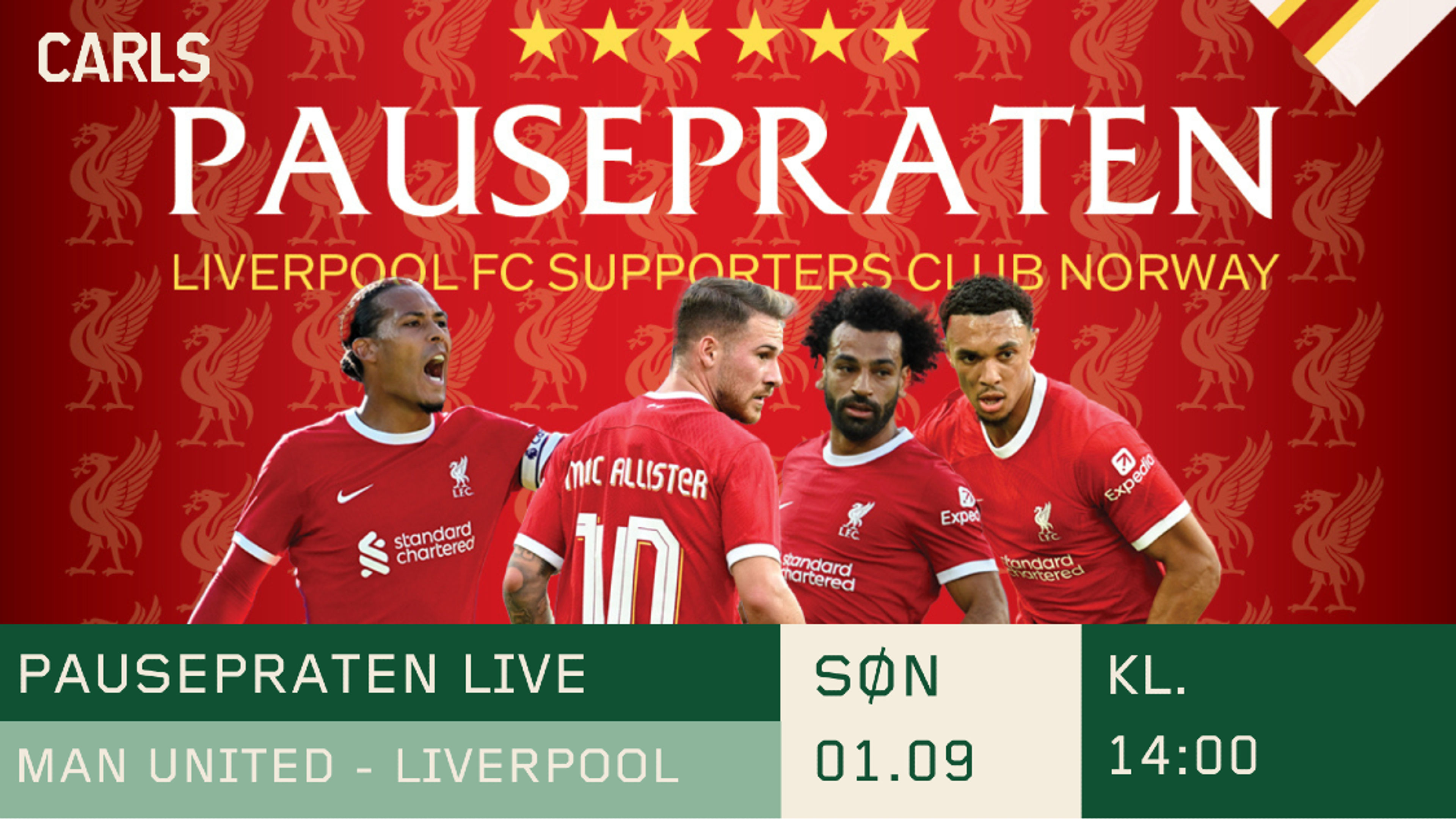 Promotional graphic for Pausepraten - live på Carls