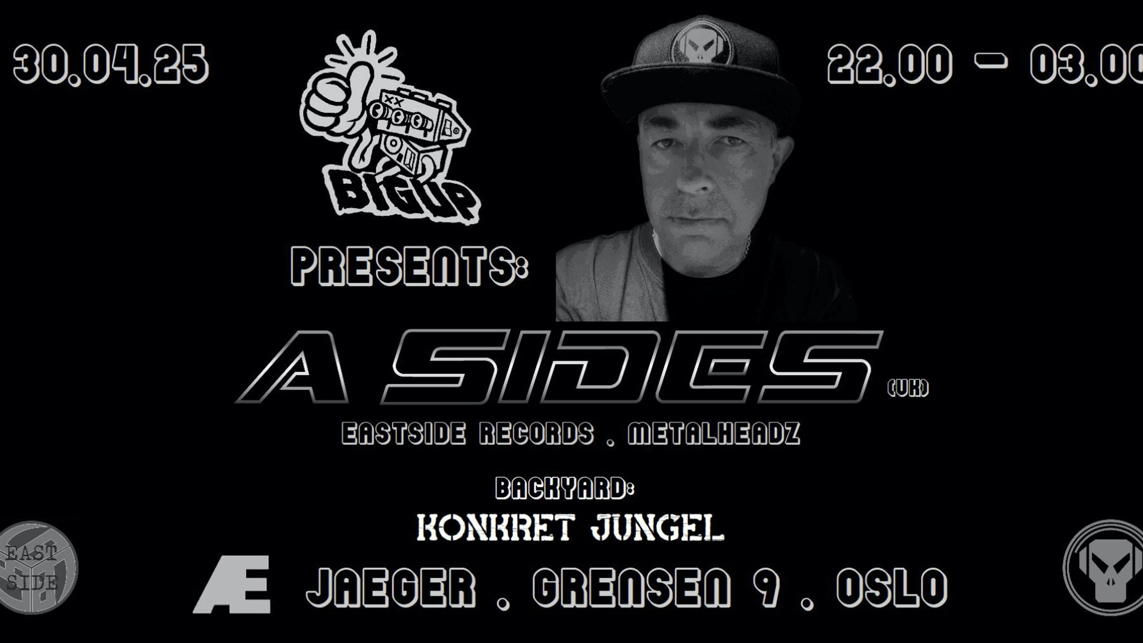 Promotional graphic for Konkrete Jungel x Bigup: A-sides + Drunkfunk + Fjell + Tech + Simon Peter + hallabi Safar + Sørf +  Goblin6 + Sub Konsept