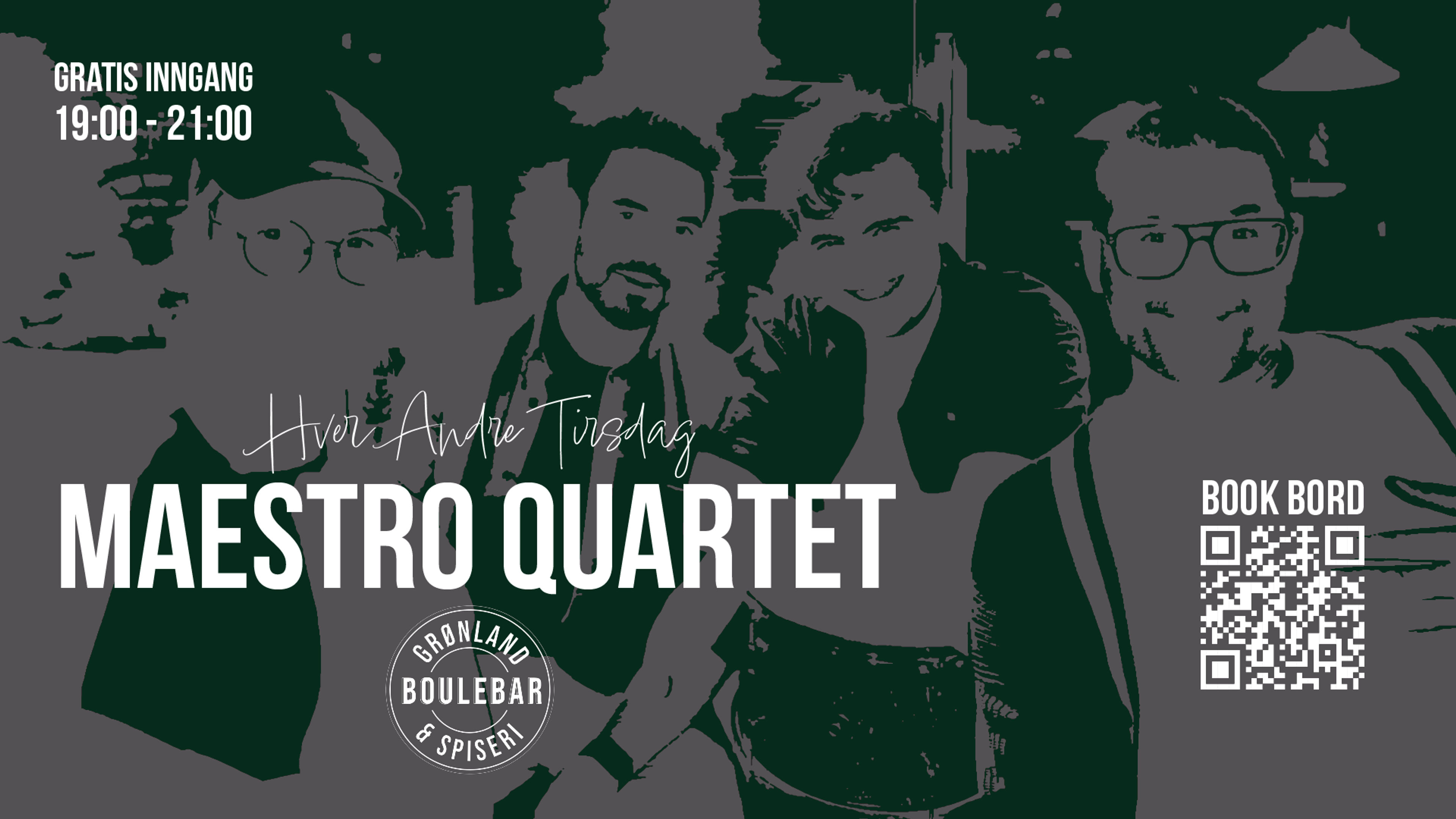 Promotional graphic for Maestro Quartet | Live Musikk | Jazz, Soul & Blues Aften