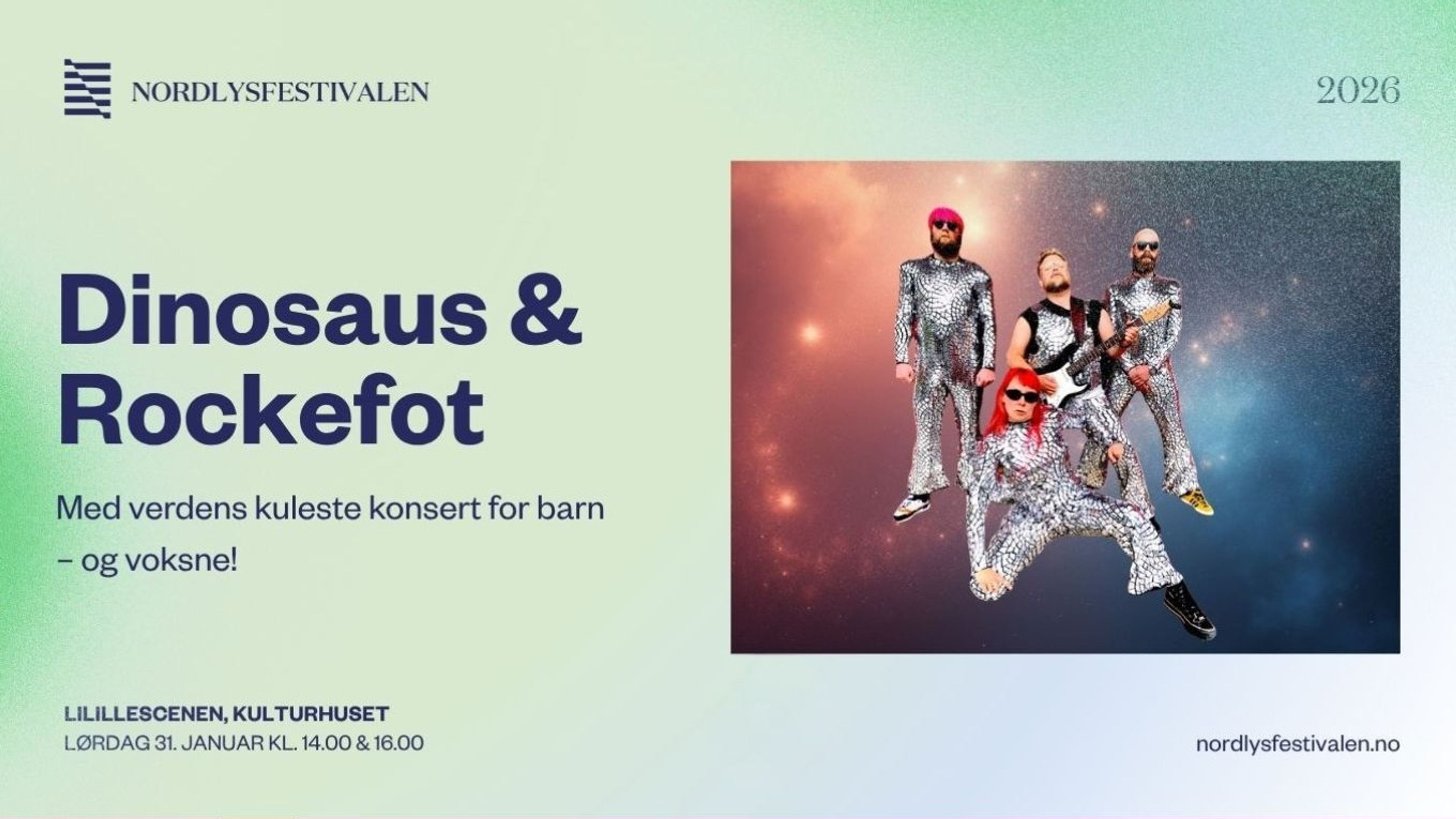 Promotional graphic for Nordlysfestivalen – DINOSAUS & ROCKEFOT