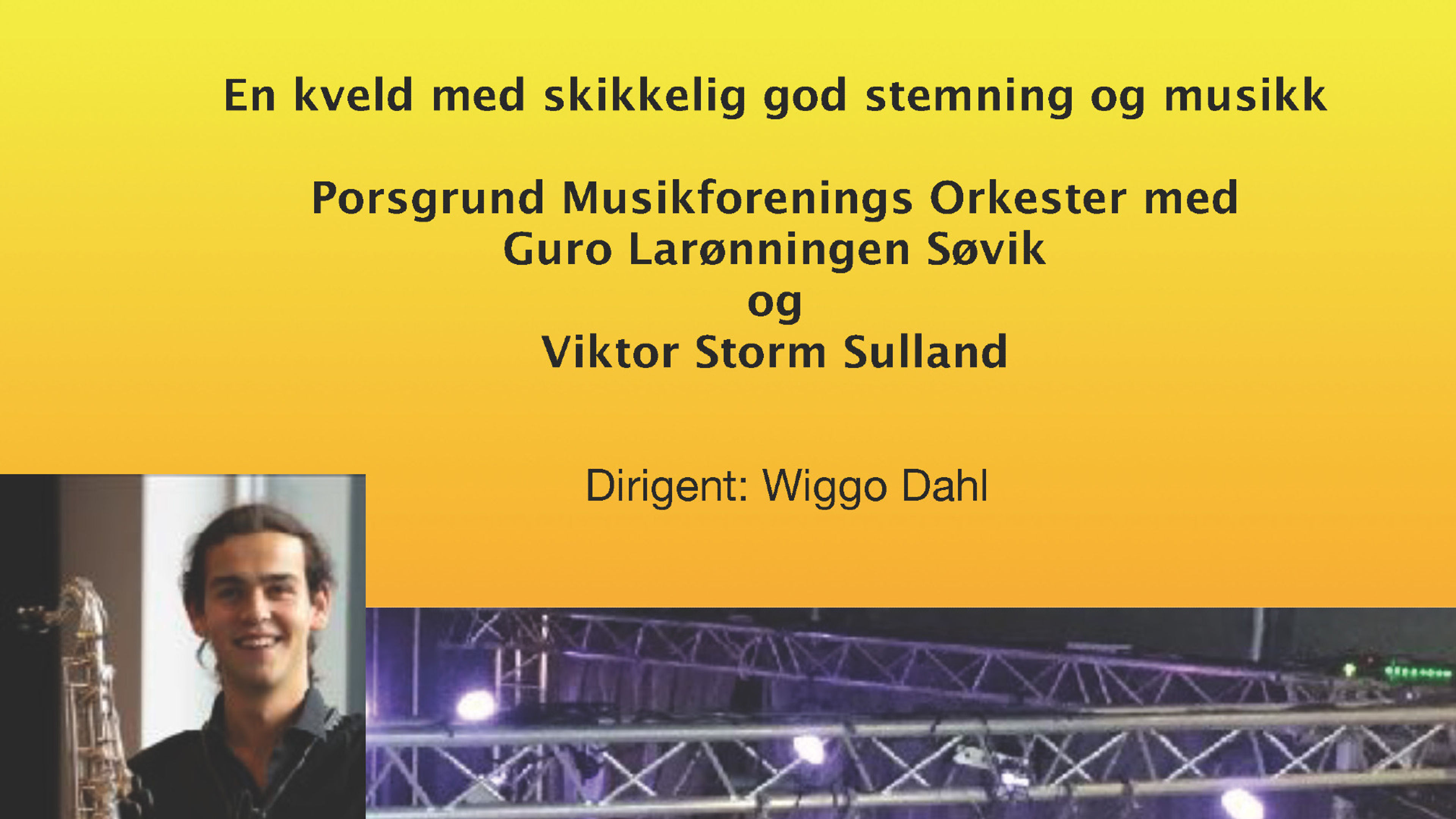 Promotional graphic for Porsgrund Musikforenings Orkester med Guro Larønningen Søvik og Viktor Storm Sulland