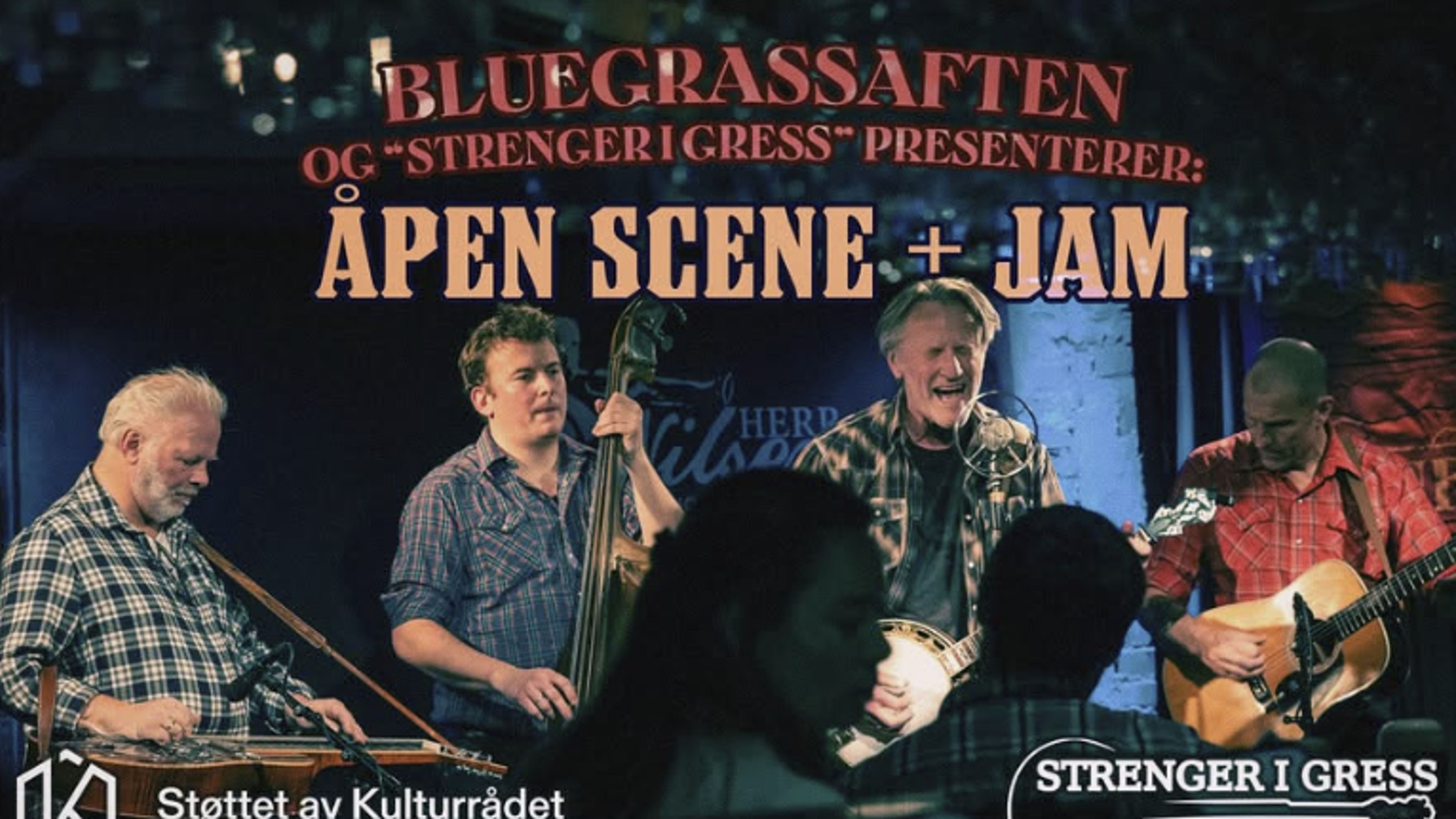 Promotional graphic for Bluegrassaften: Åpen Scene + Jam