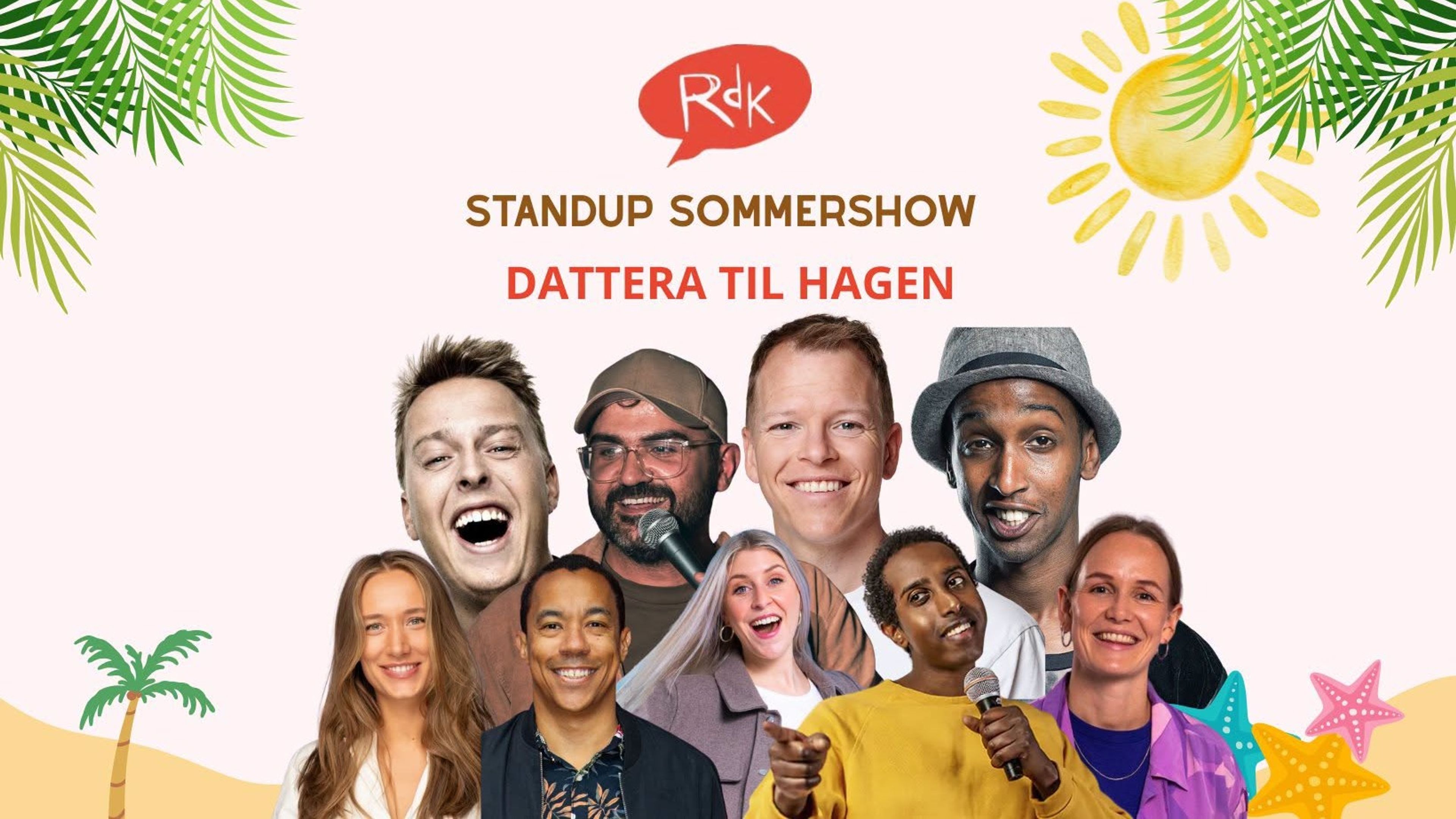 Promotional graphic for Standupsommer på Dattera med kjente, kjære og lovende komikere!