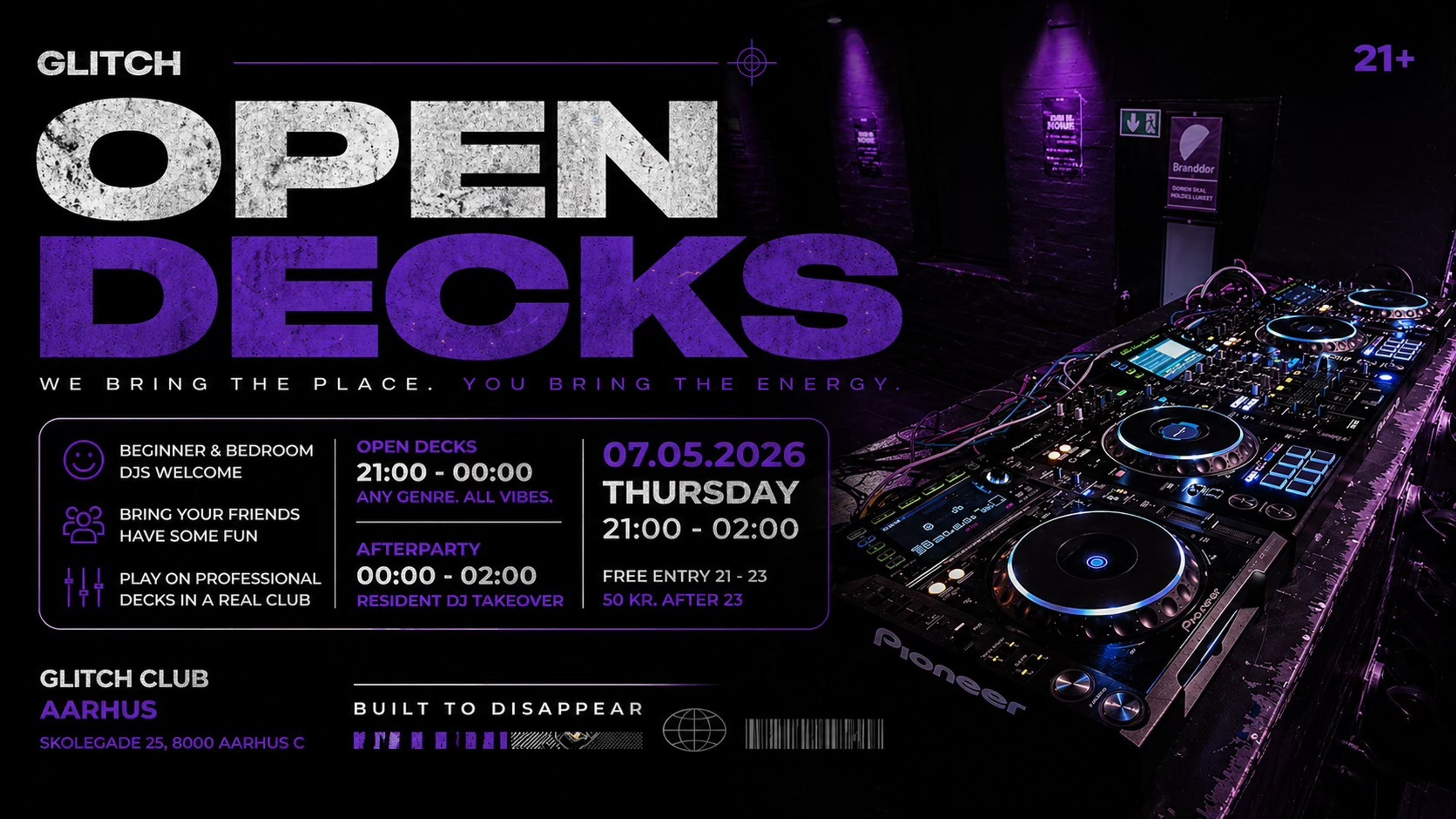 Promotional graphic for OPEN DECKS at @GLITCH - We Bring the Space, You Bring the Energy