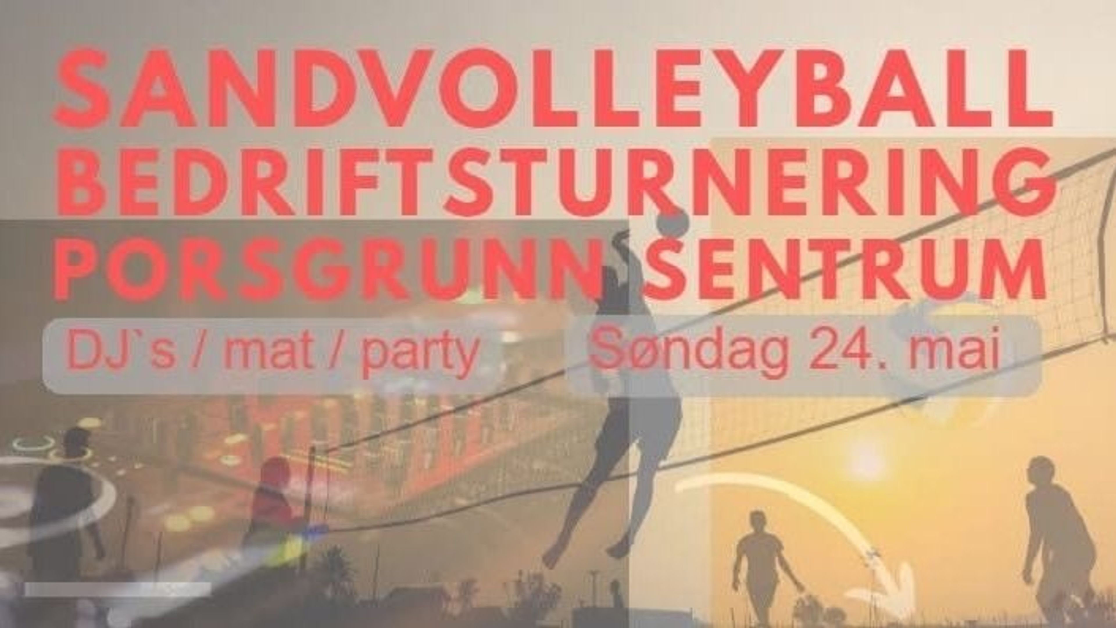 Promotional graphic for Sandvolleyball i Porsgrunn sentrum – kanskje sommerens høydepunkt! ☀️