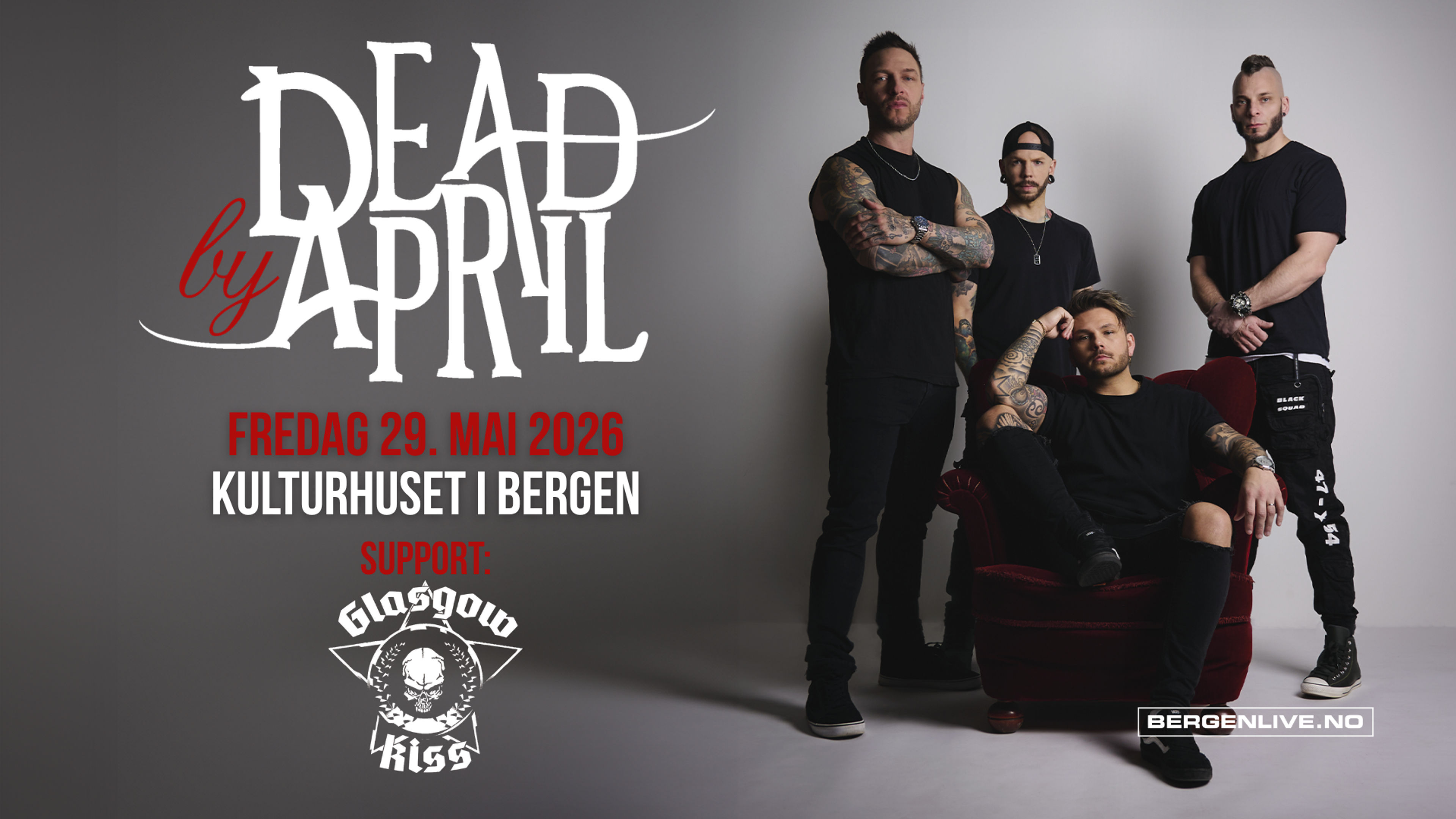 Promotional graphic for Dead by April + support Glasgow Kiss 29.05.26