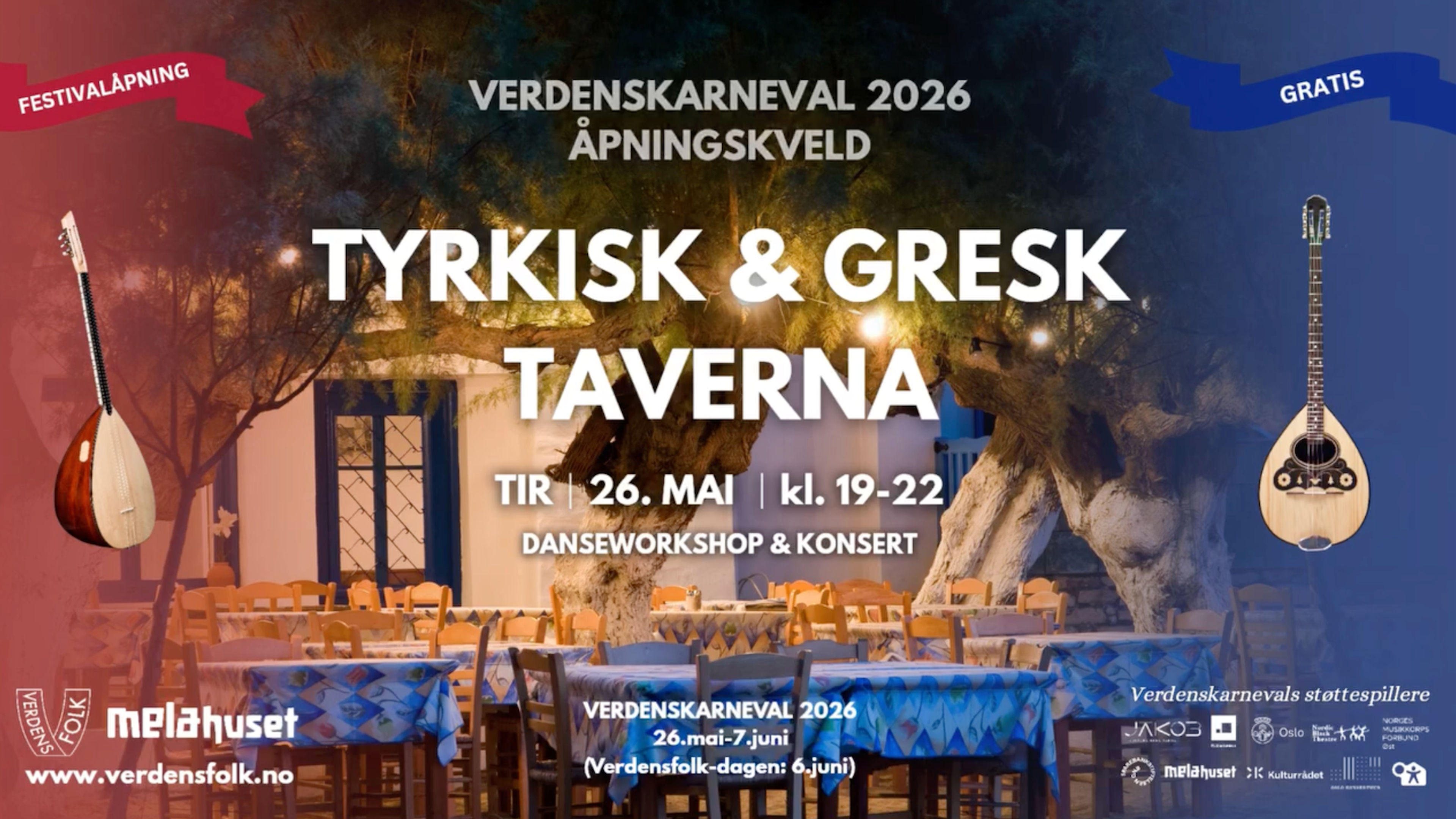 Promotional graphic for Åpningskveld for Verdenskarneval 2026: Tyrkisk & Gresk Taverna