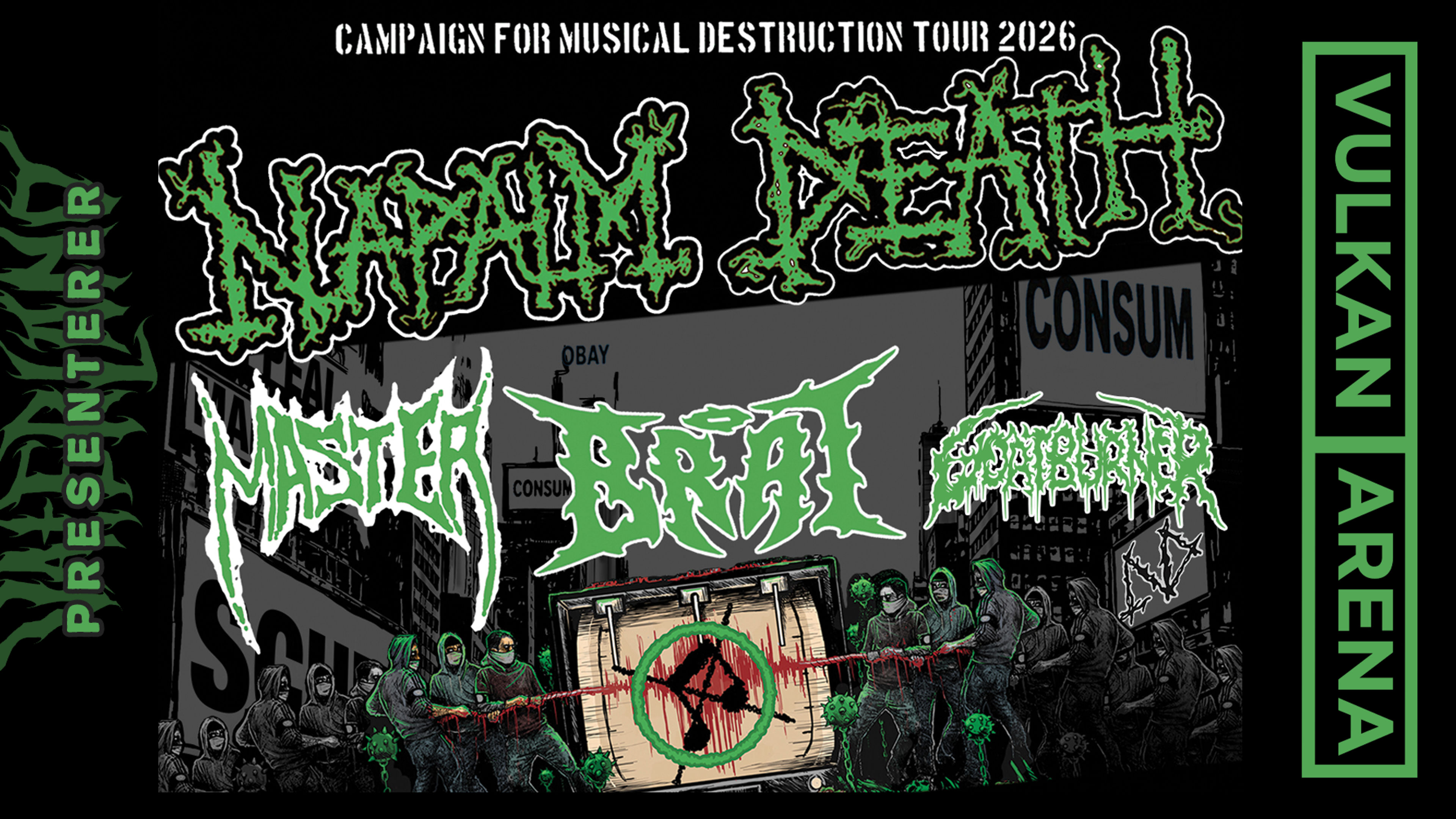 Promotiv grafikk for Napalm Death, Master, Brat & Goat Burner 