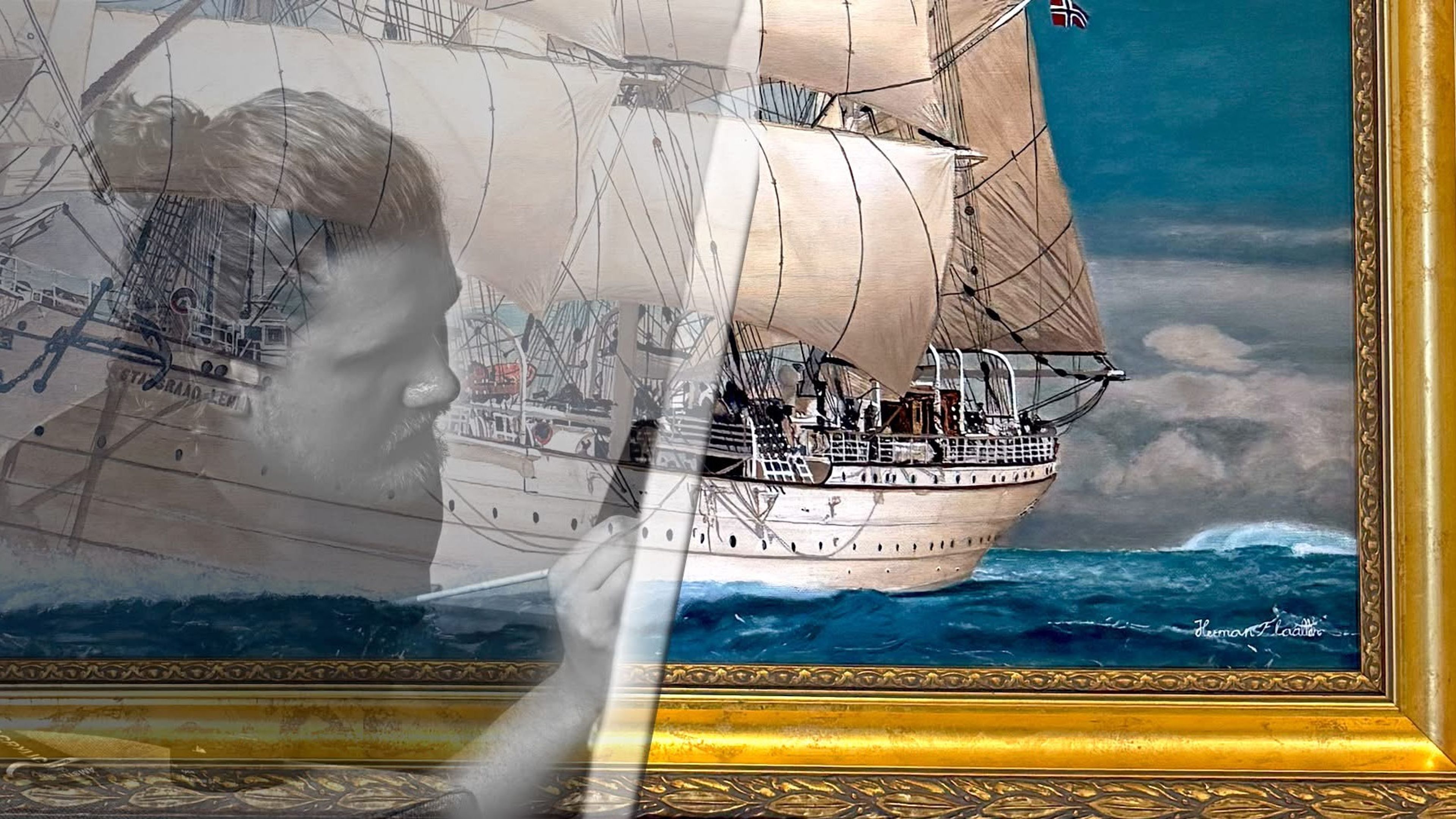 Promotional graphic for Utstilling på Statsraaden Bar – Herman Flaatten viser maleri av Statsraad Lehmkuhl