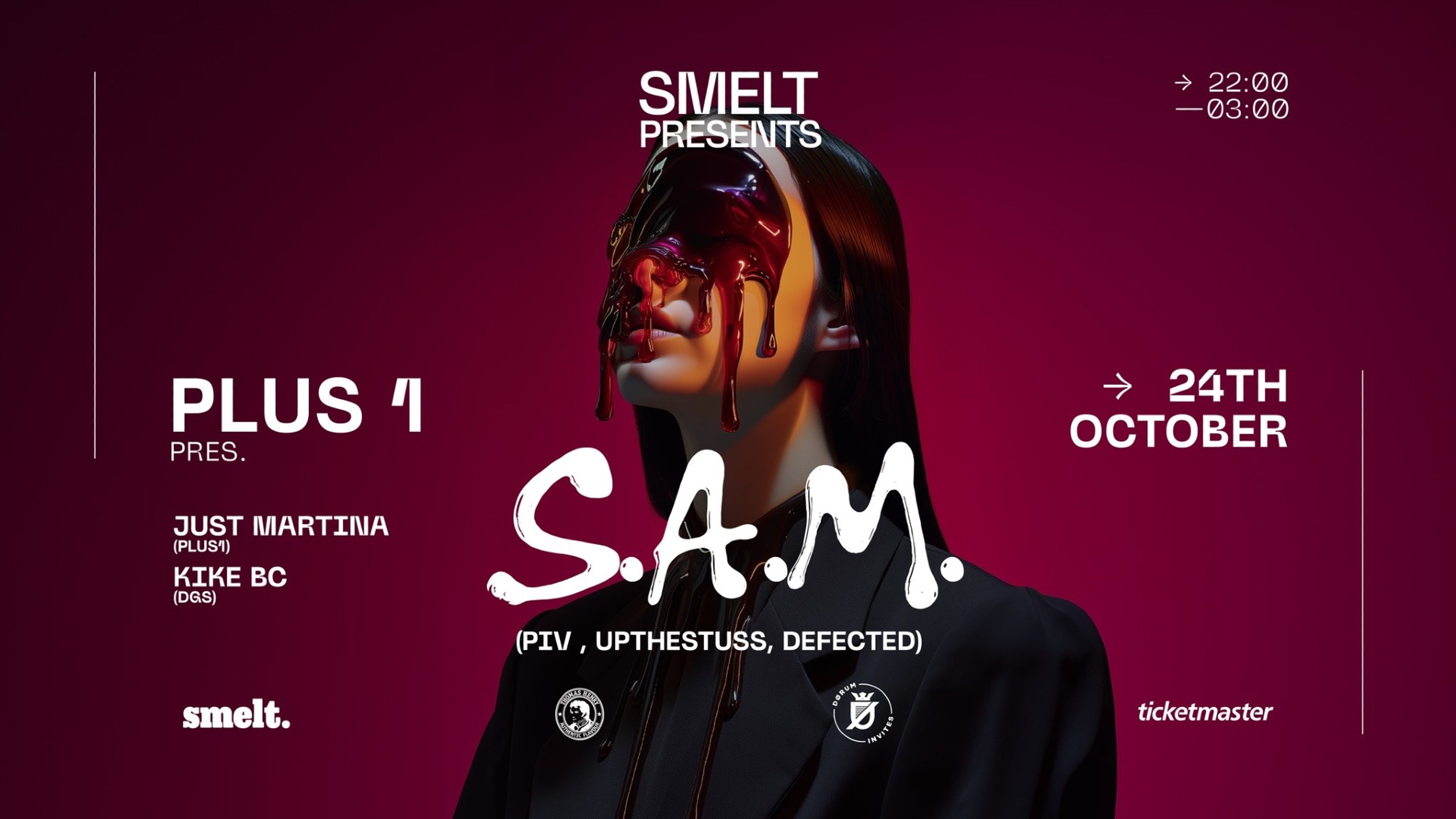 Promotional graphic for Smelt x Pluss One  pres - S.A.M