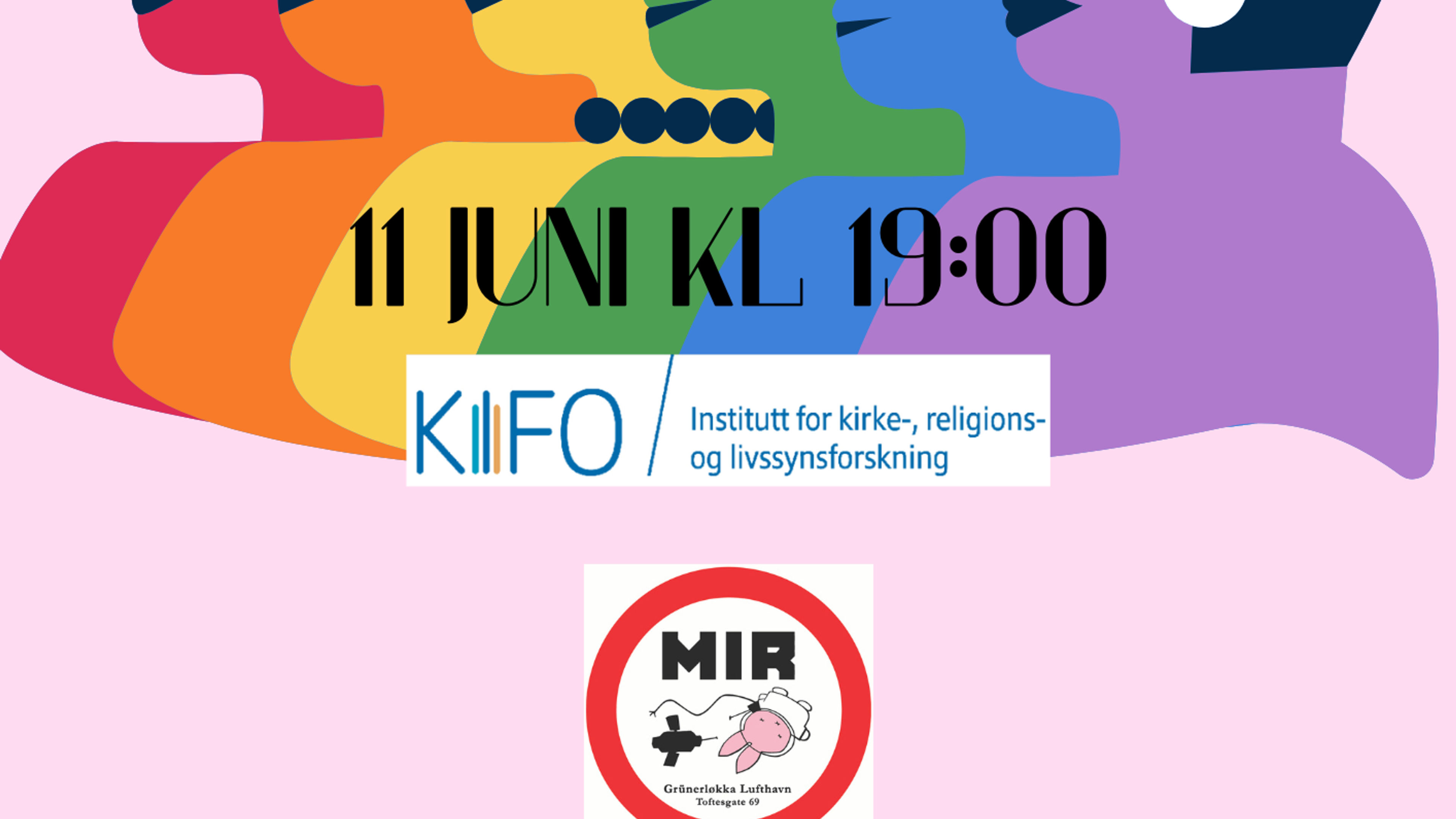 Promotional graphic for Rapportlansering om skeive i norske trossamfunn med panelsamtale og hygge og DJ etterpå.