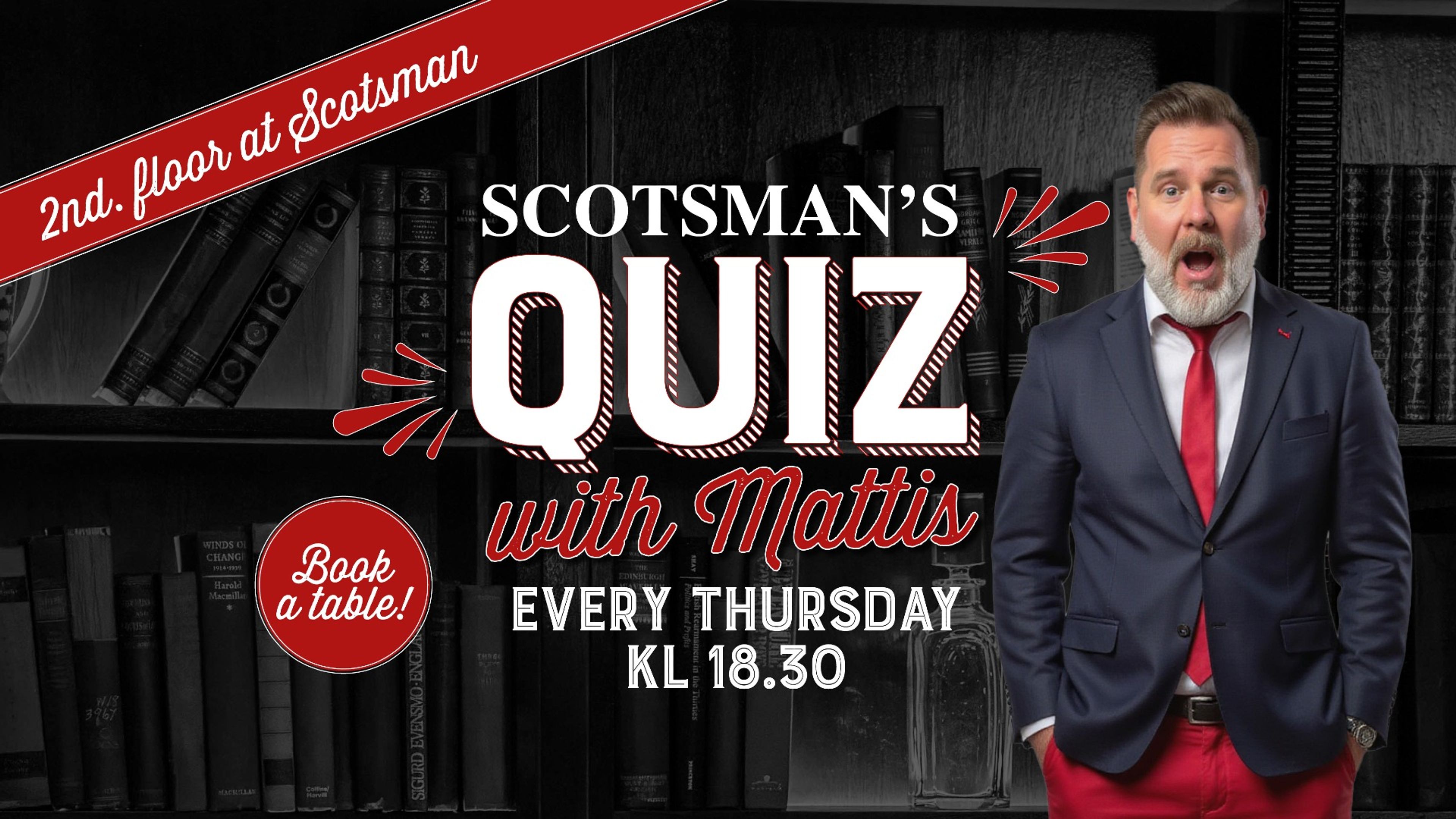 Promotional graphic for Scotsman's English Quiz with Mattis!