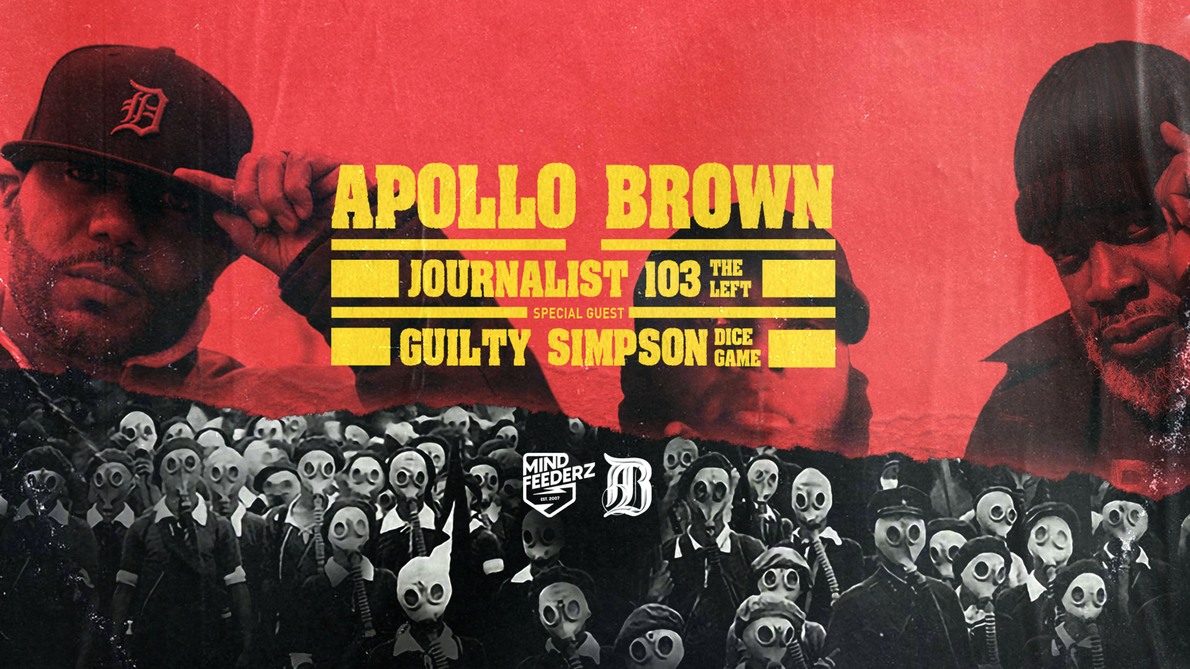 Promotional graphic for Apollo Brown’s GAS MASK Anniversary Tour  with Guilty Simpson // Dattera til Hagen // Lør. 11.04 