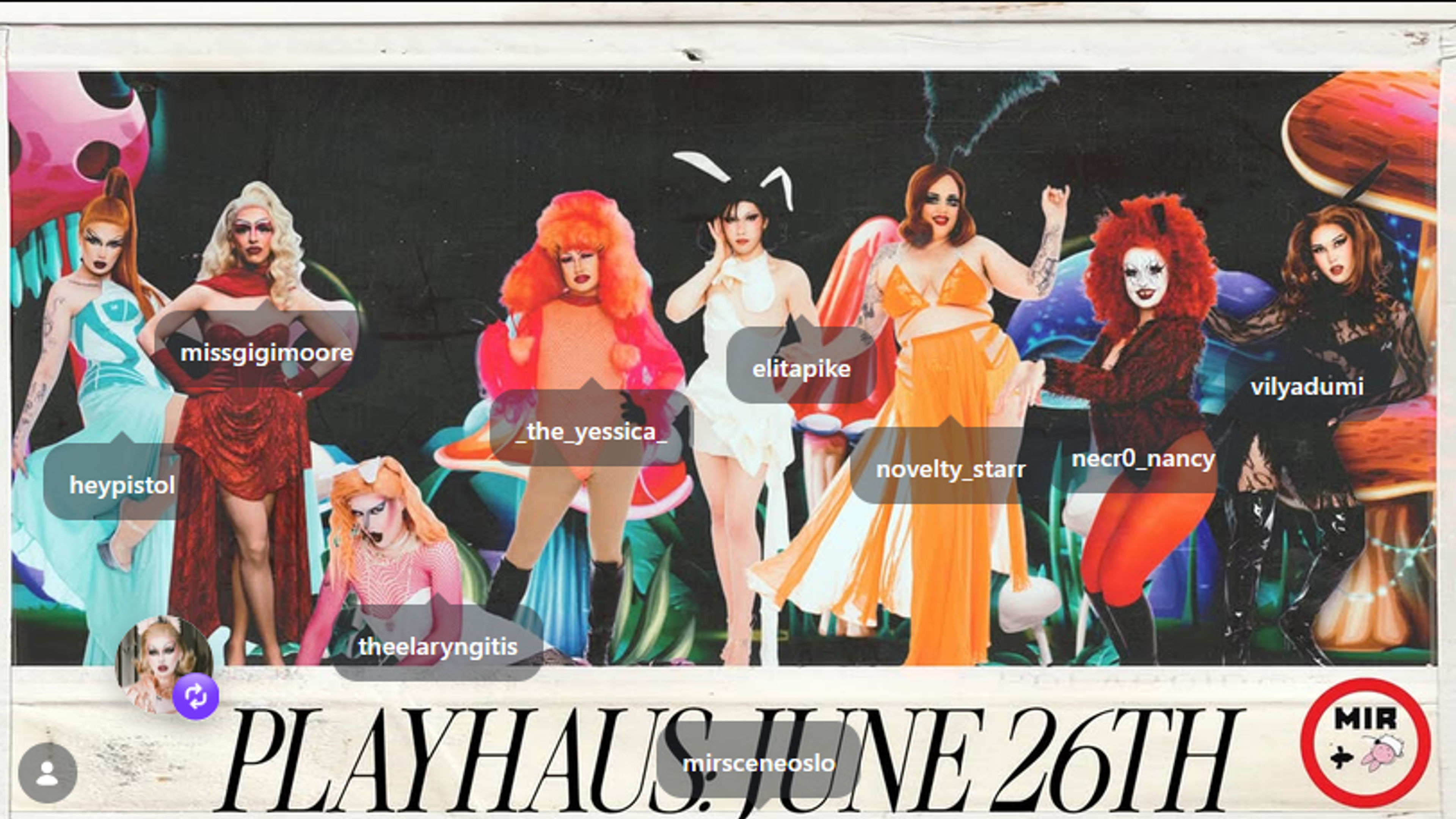Promotional graphic for PLAYHAUS — LIVE AT MIR SCENE OSLO